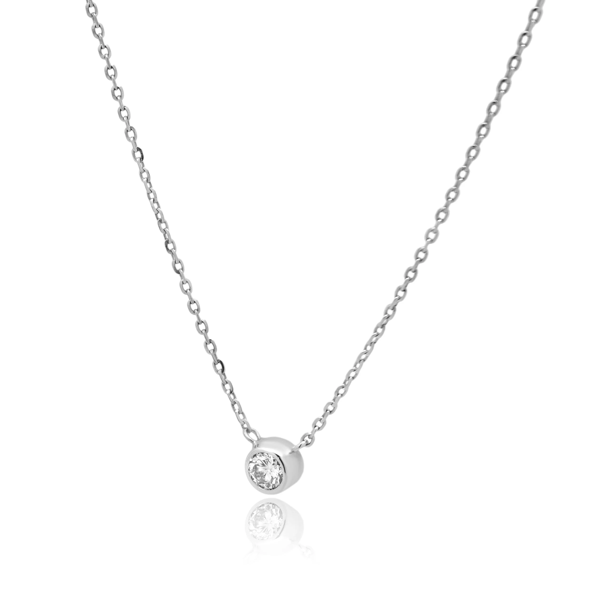 14K White Gold Bezel Set Round Diamond Solitaire Necklace 16.0" - Image 2