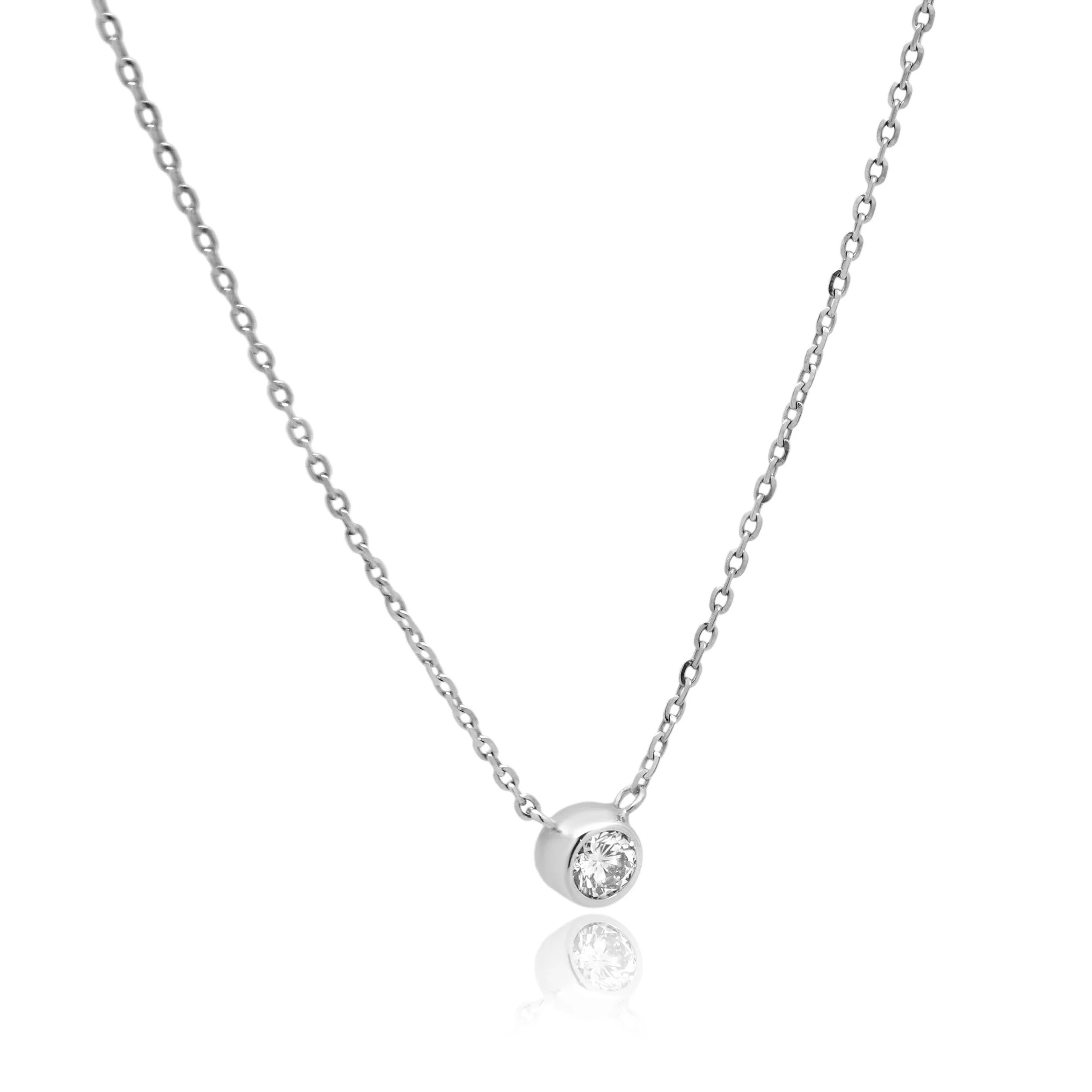 14K White Gold Bezel Set Round Diamond Solitaire Necklace 16.0" - Image 3