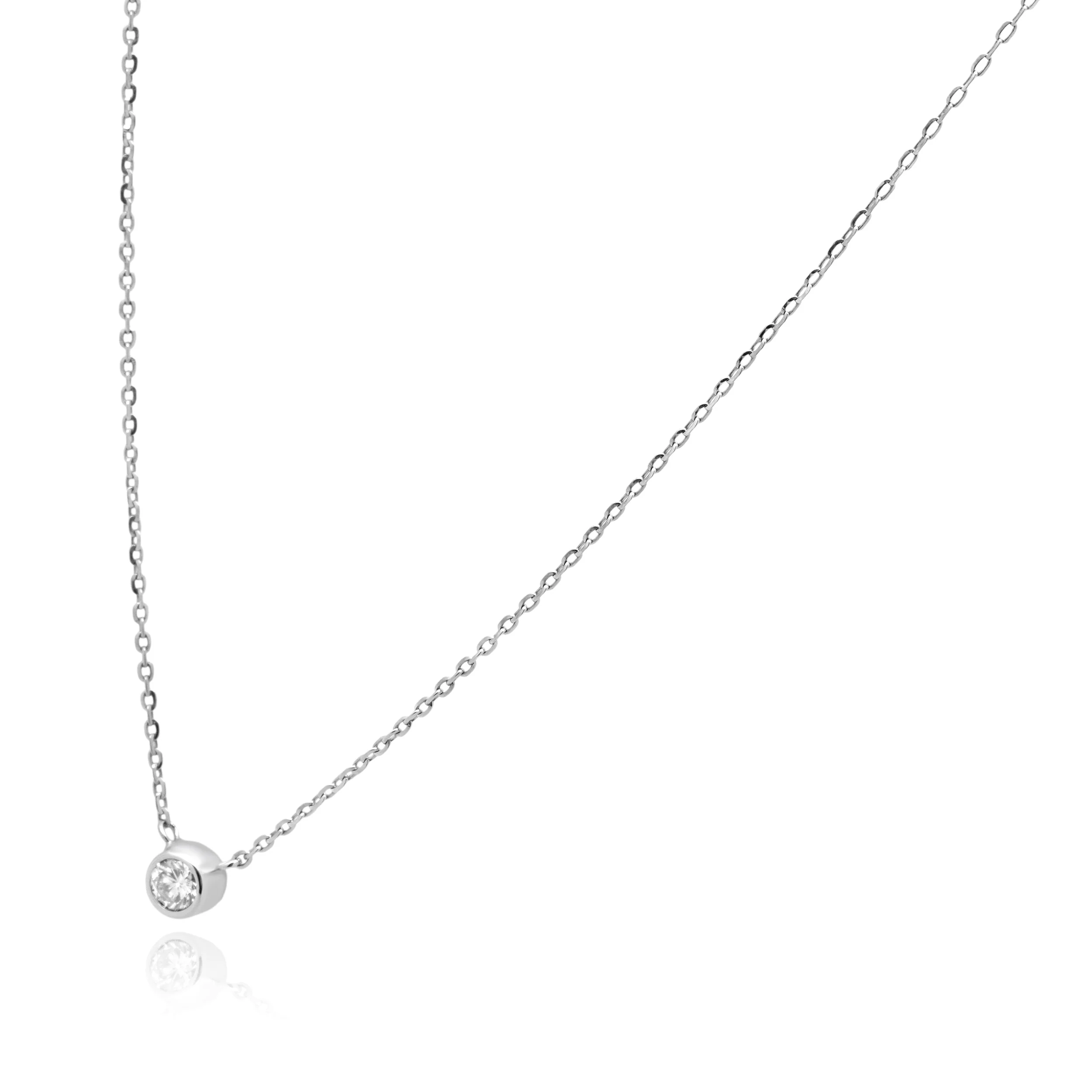 14K White Gold Bezel Set Round Diamond Solitaire Necklace 16.0" - Image 4