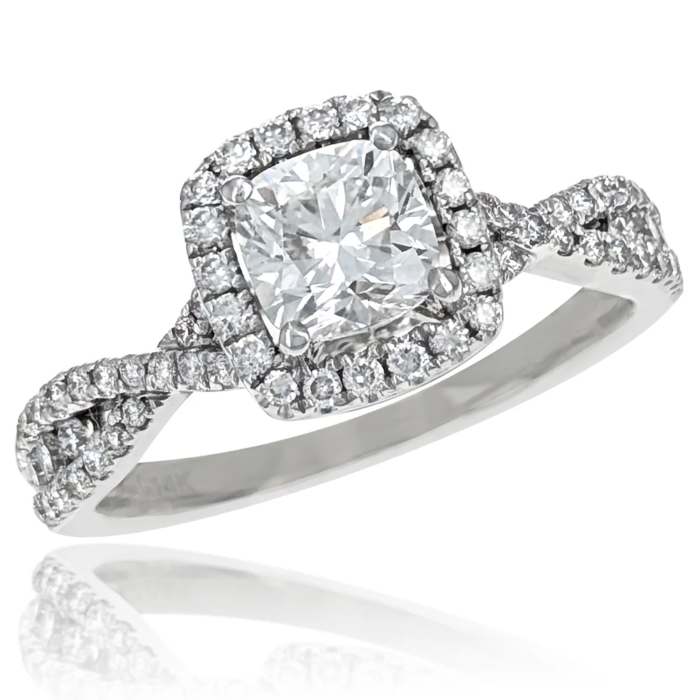 14K White Gold Cushion Cut and Round Diamond Halo Crossover Engagement Ring