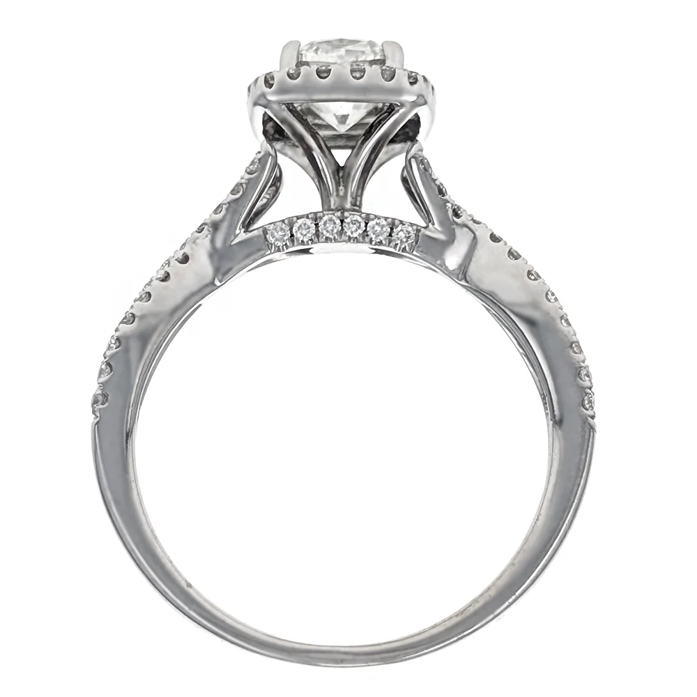 14K White Gold Cushion Cut and Round Diamond Halo Crossover Engagement Ring - Image 2