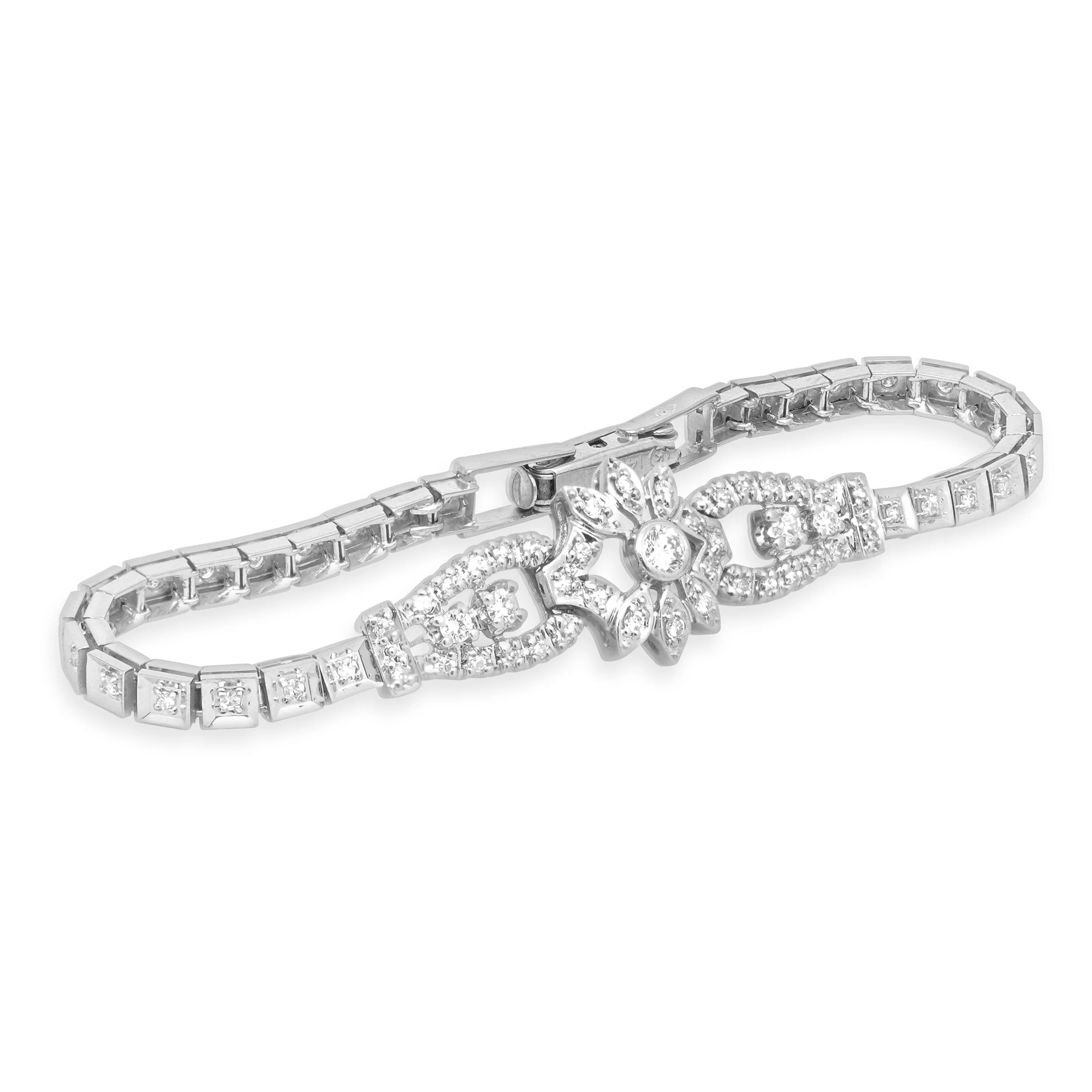 14K White Gold Diamond Floral Bracelet 6.75" - Image 2