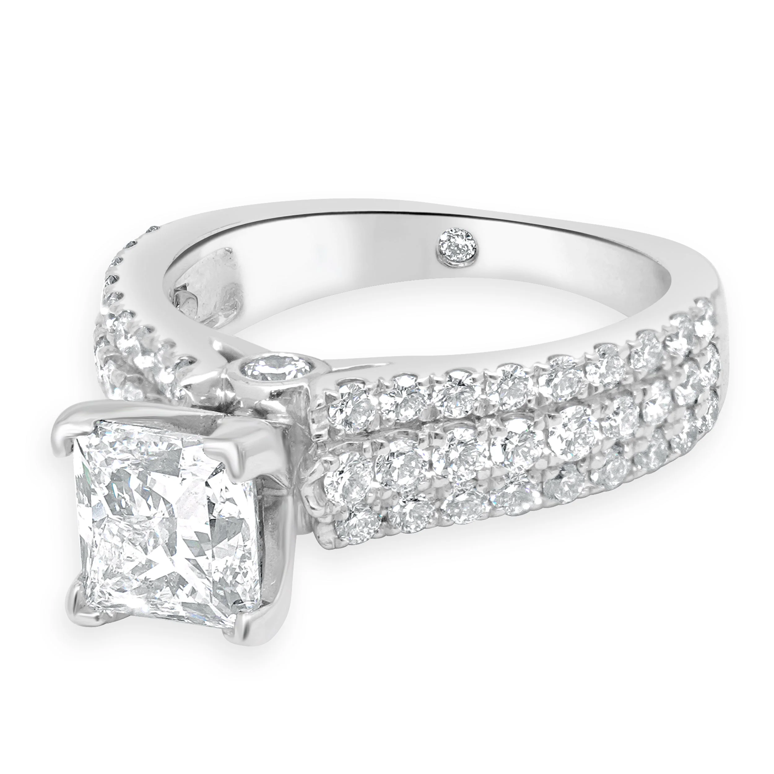 14K White Gold GSI Certified Princess Cut and Round Diamond 3-Row Engagement Ring - Image 2