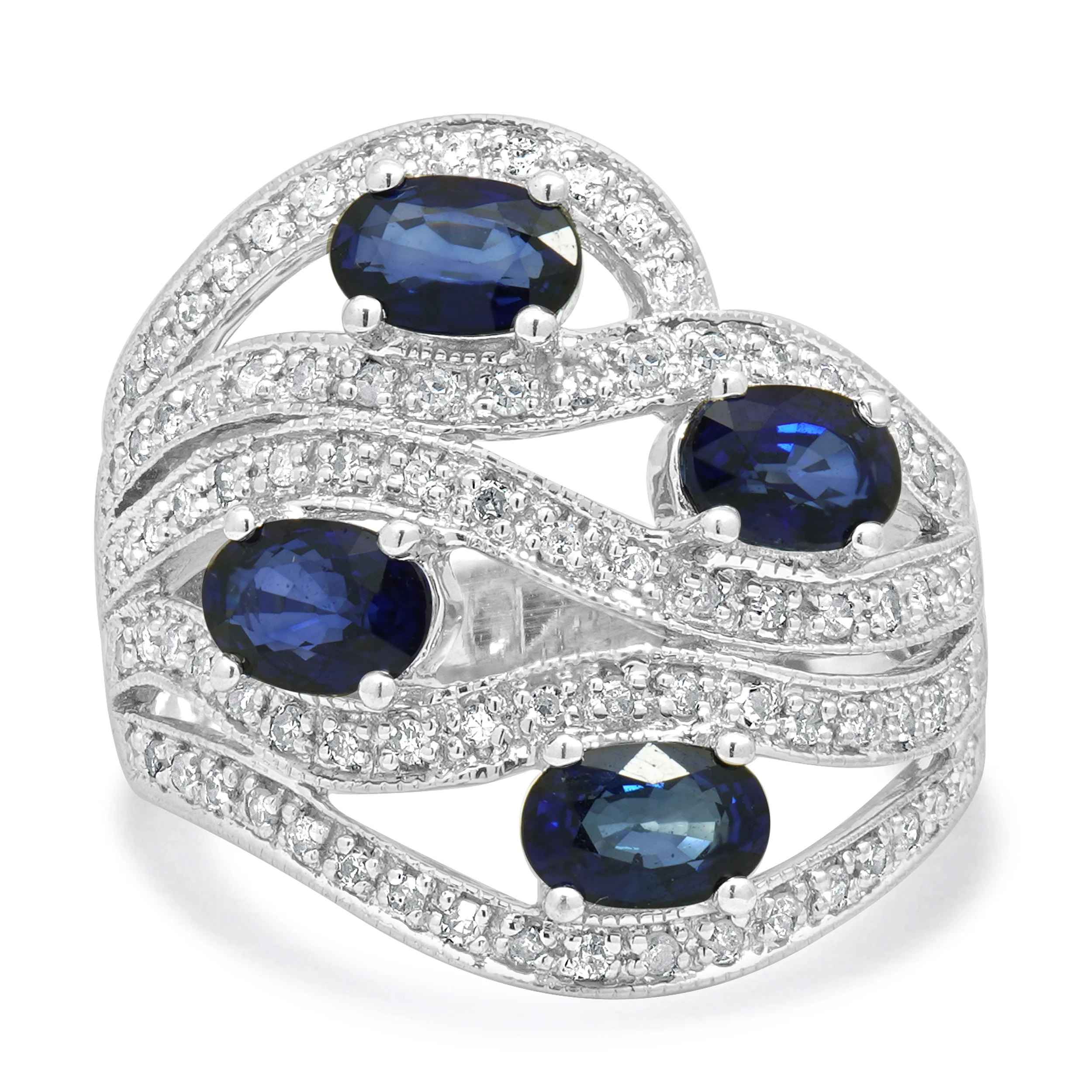 14K White Gold Oval Blue Sapphire and Round Diamond Wave Ring