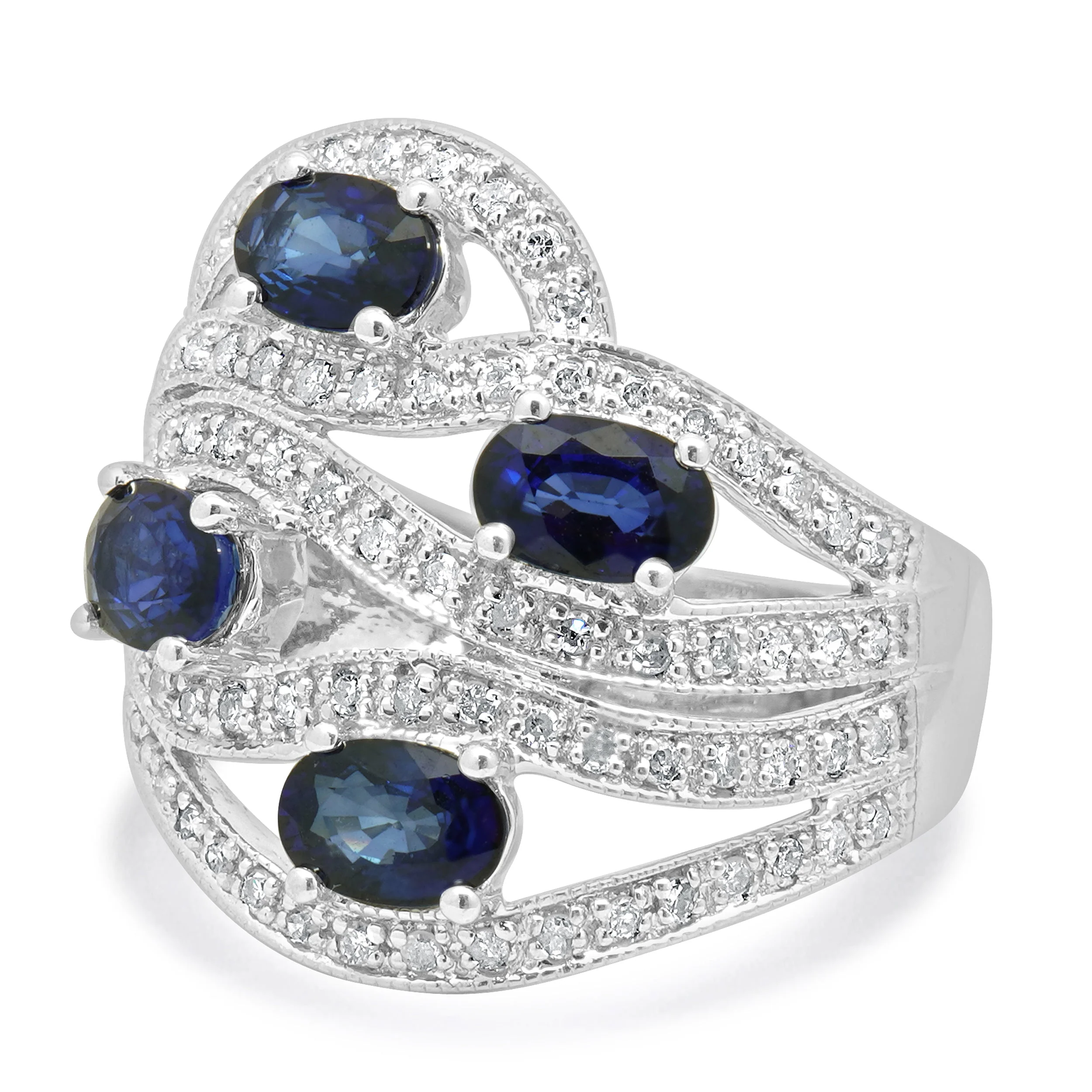 14K White Gold Oval Blue Sapphire and Round Diamond Wave Ring - Image 2