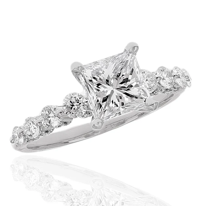 14K White Gold Princess-Cut Diamond Engagement Ring with Milgrain Accents