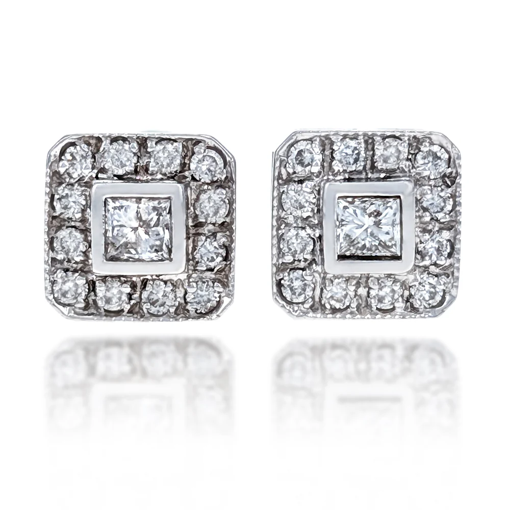 14K White Gold Princess & Round-Cut Diamond Halo Stud Earrings