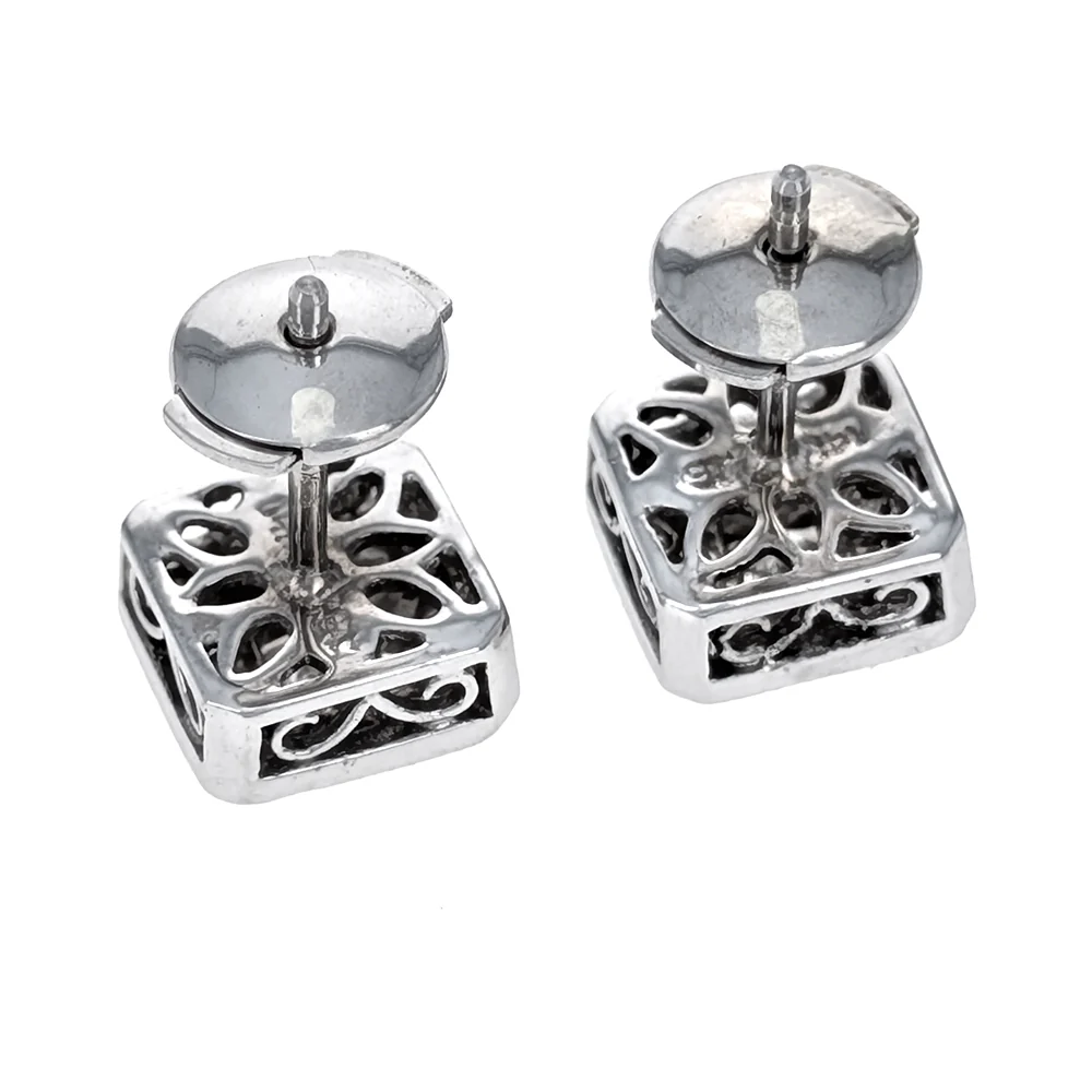 14K White Gold Princess & Round-Cut Diamond Halo Stud Earrings - Image 3
