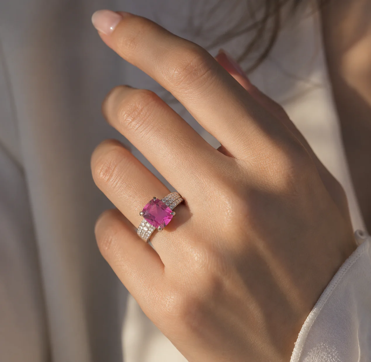 14K White Gold Radiant Cut Pink Sapphire and Diamond Ring - Image 5