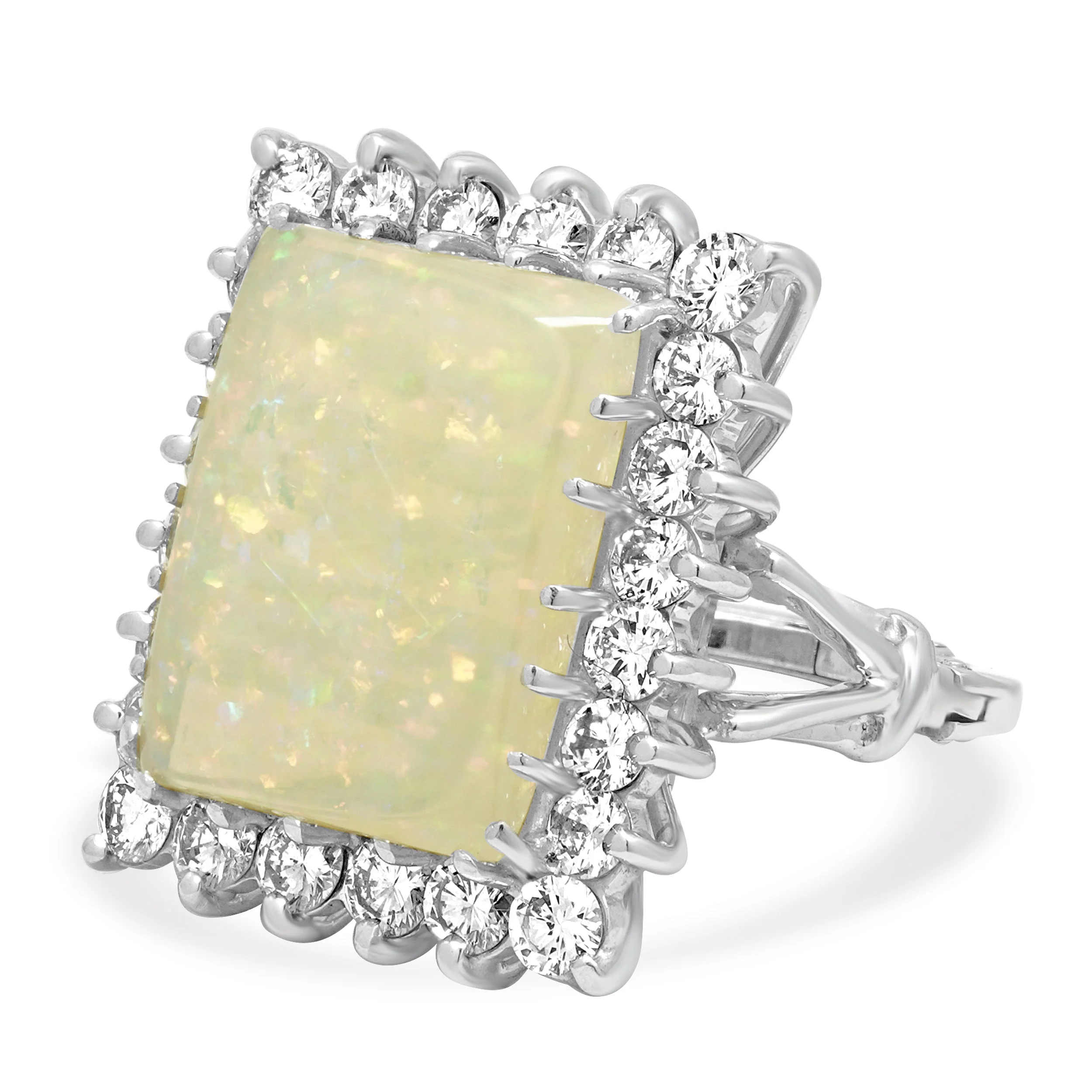 14K White Gold Rectangular Cabochon Cut White Opal and Round Diamond Halo Ring