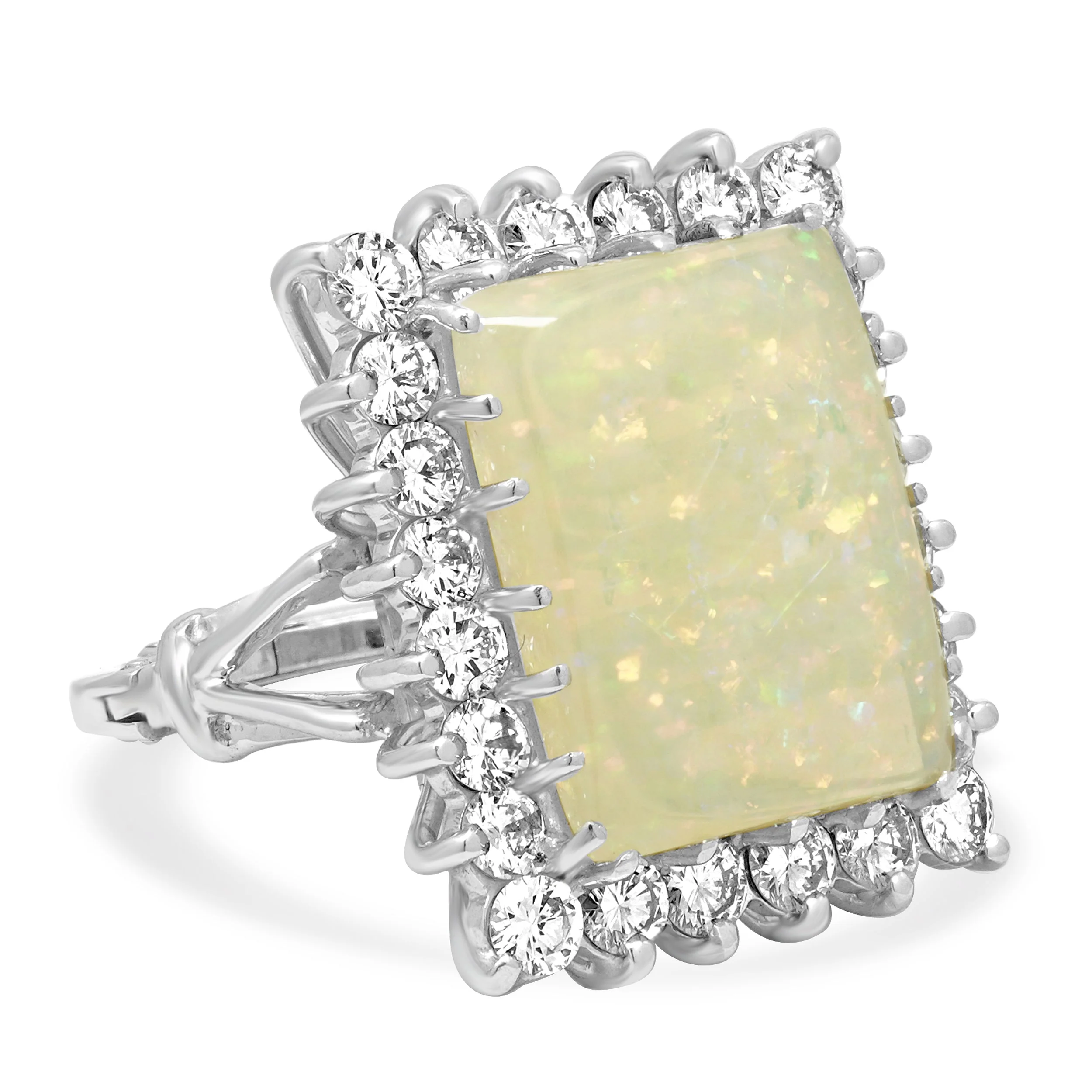 14K White Gold Rectangular Cabochon Cut White Opal and Round Diamond Halo Ring - Image 2