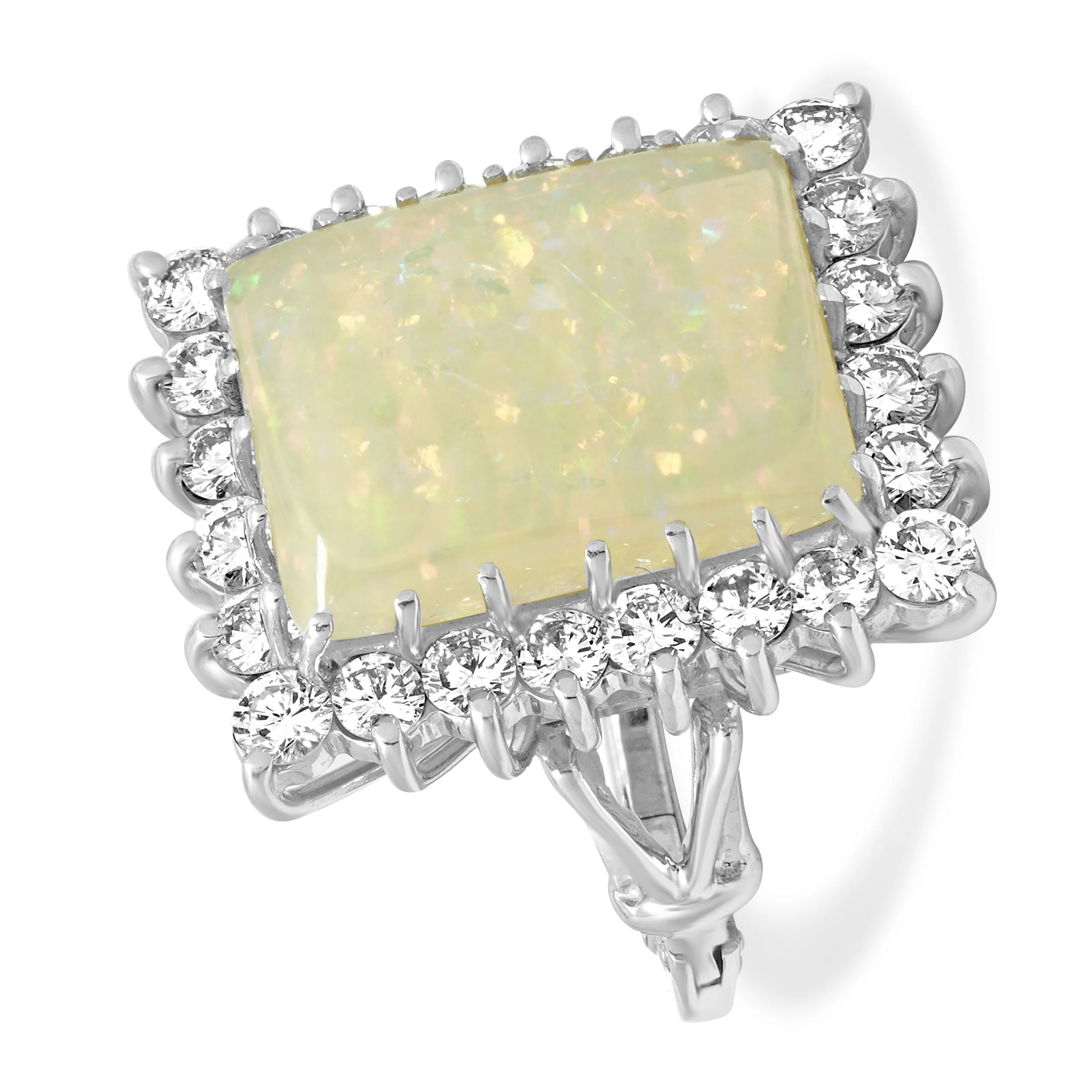 14K White Gold Rectangular Cabochon Cut White Opal and Round Diamond Halo Ring - Image 3