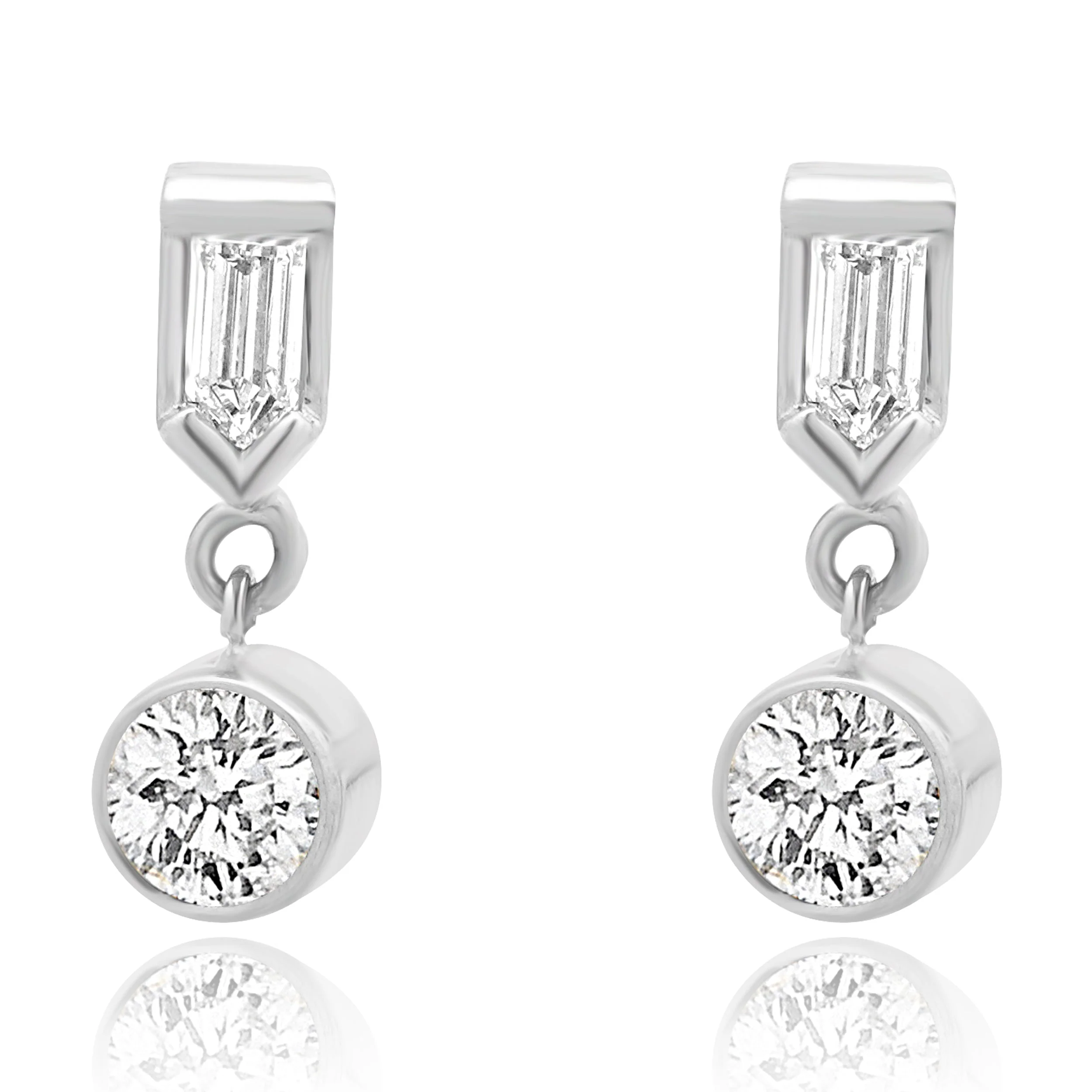 14K White Gold Round and Bullet Cut Diamond Dangle Earrings