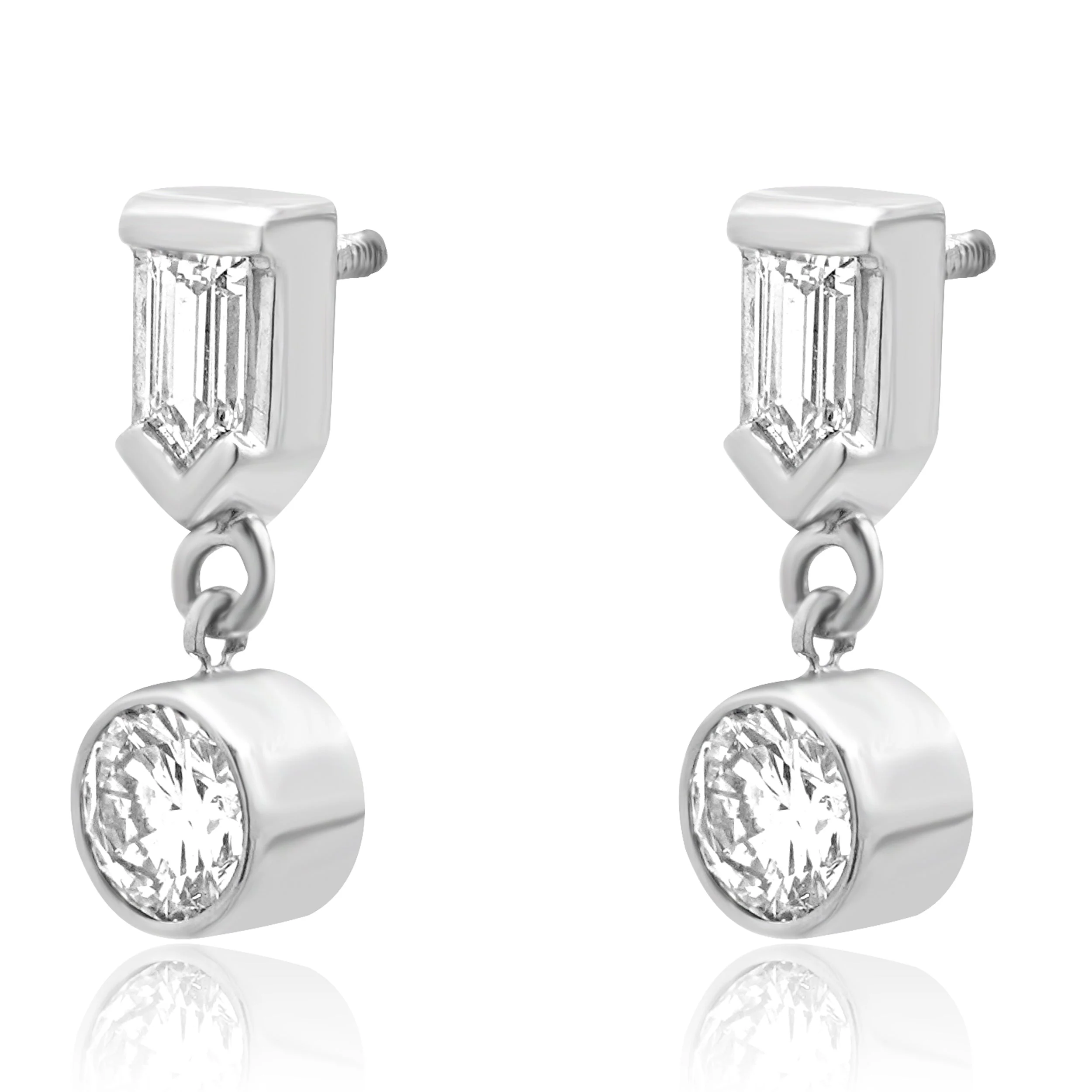 14K White Gold Round and Bullet Cut Diamond Dangle Earrings - Image 2