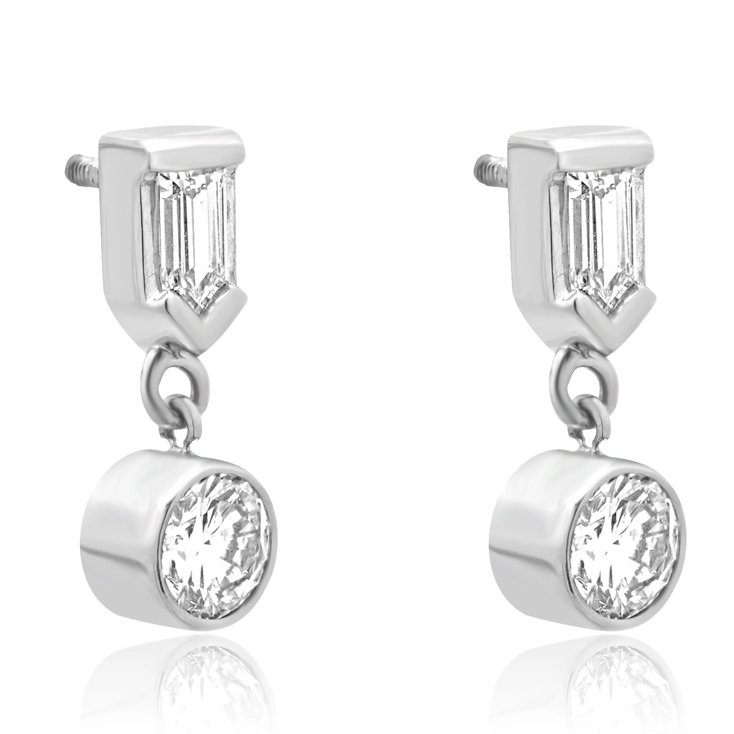 14K White Gold Round and Bullet Cut Diamond Dangle Earrings - Image 3