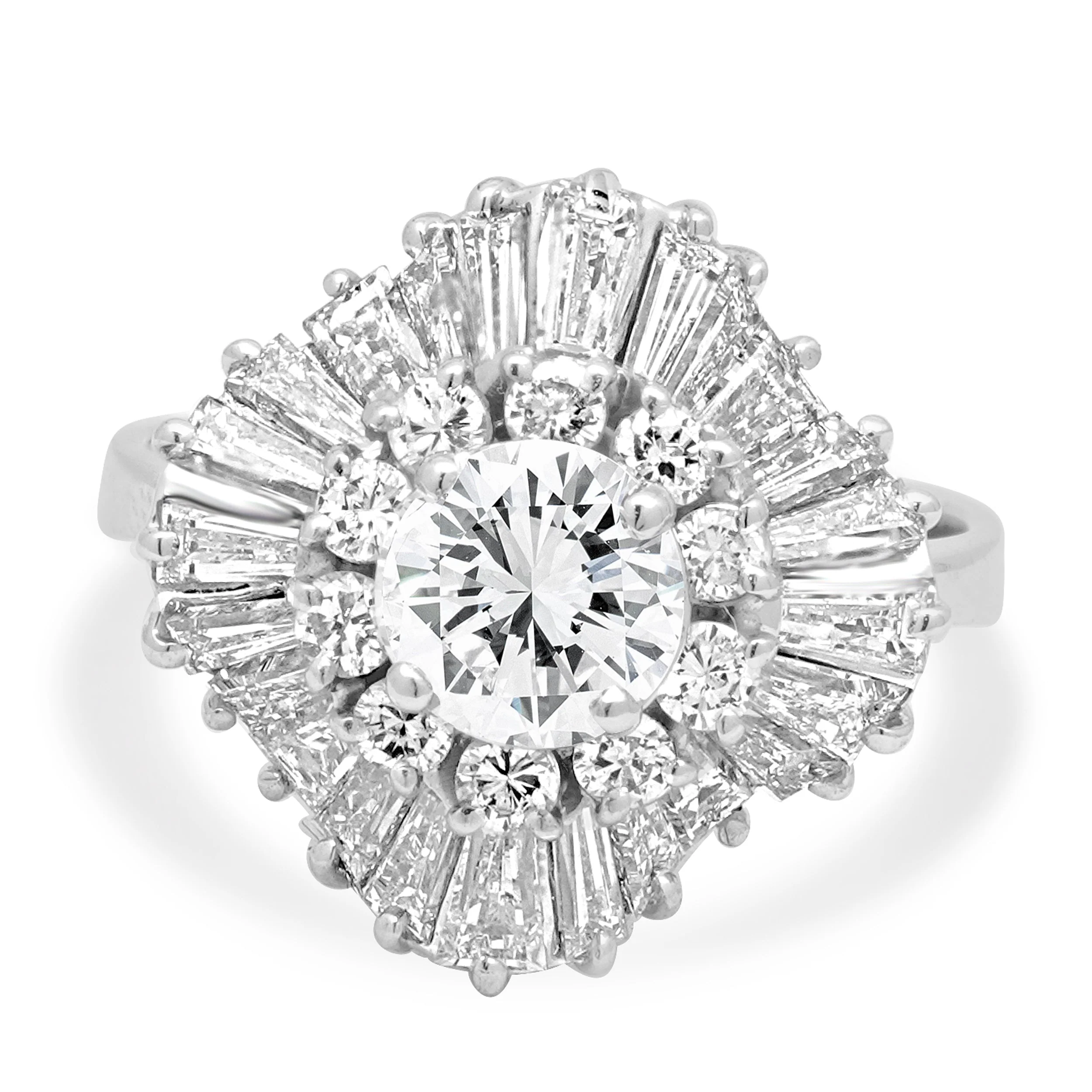 14K White Gold Round Brilliant Cut and Baguette Cut Diamond Ballerina Ring