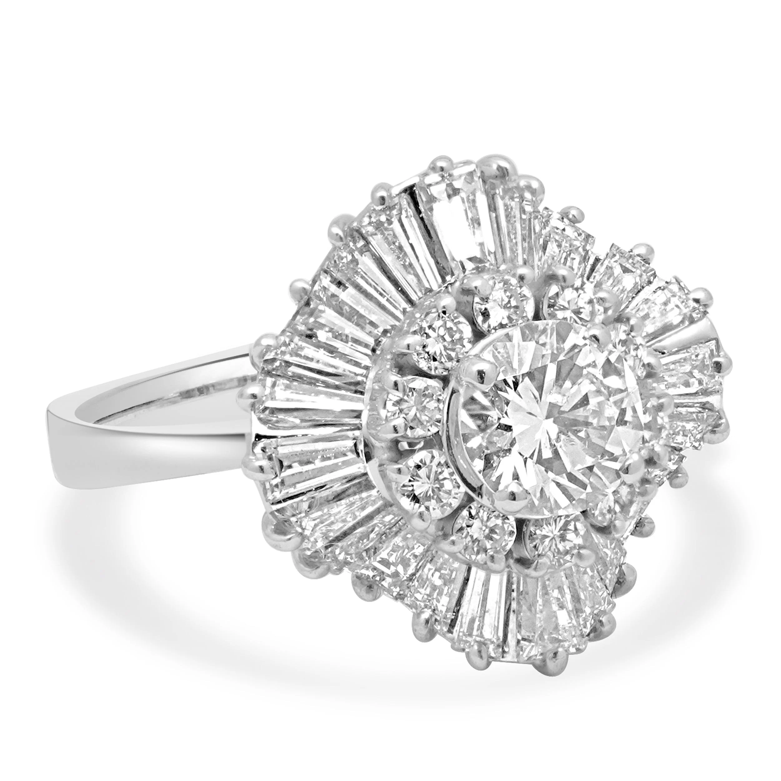 14K White Gold Round Brilliant Cut and Baguette Cut Diamond Ballerina Ring - Image 3