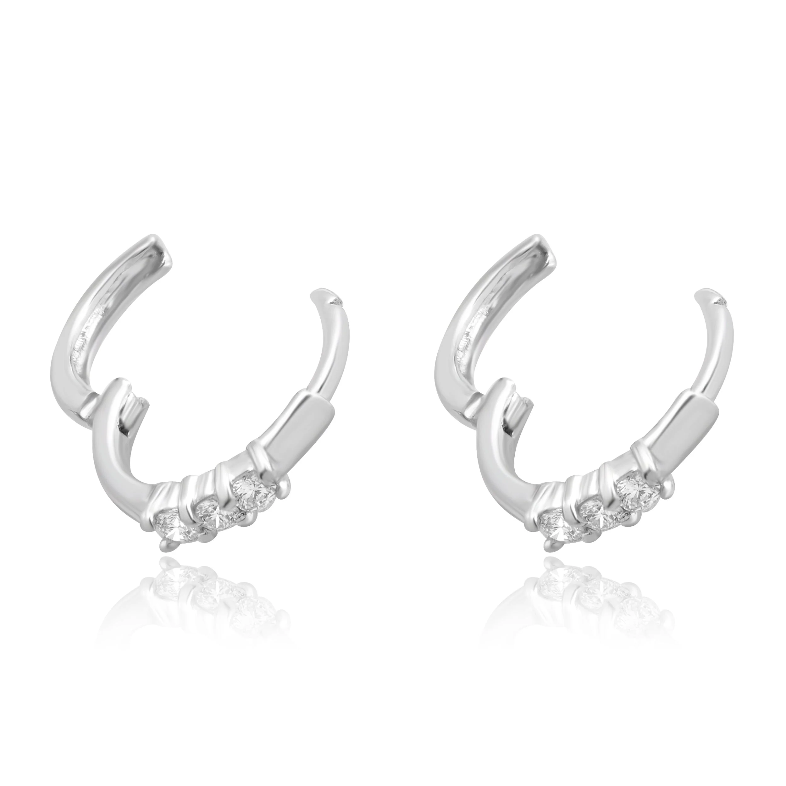 14K White Gold Round Diamond Huggie Earrings - Image 4