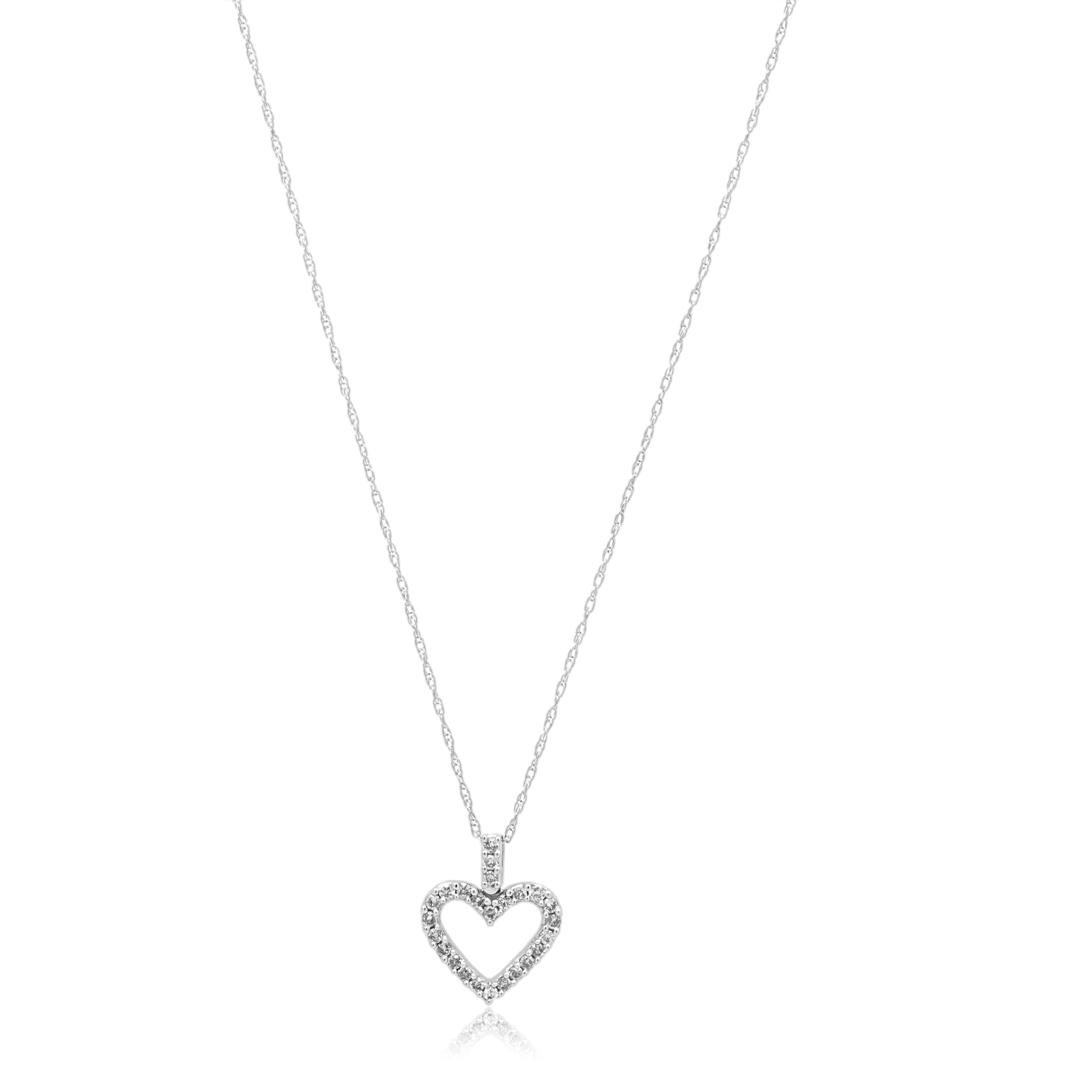14K White Gold Round Diamond Open Heart Pendant Necklace 18.0"