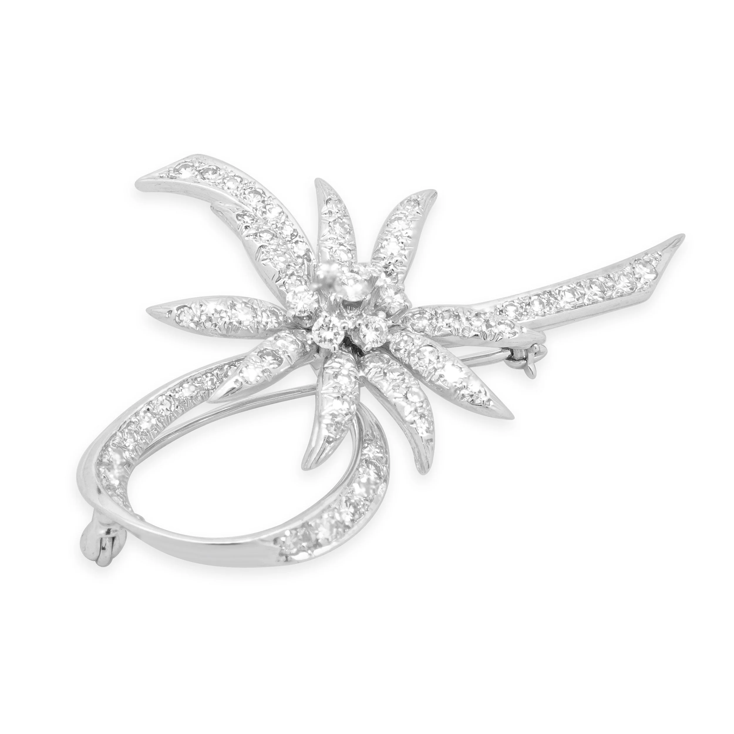 14K White Gold Round Diamond Ribbon Flower Brooch