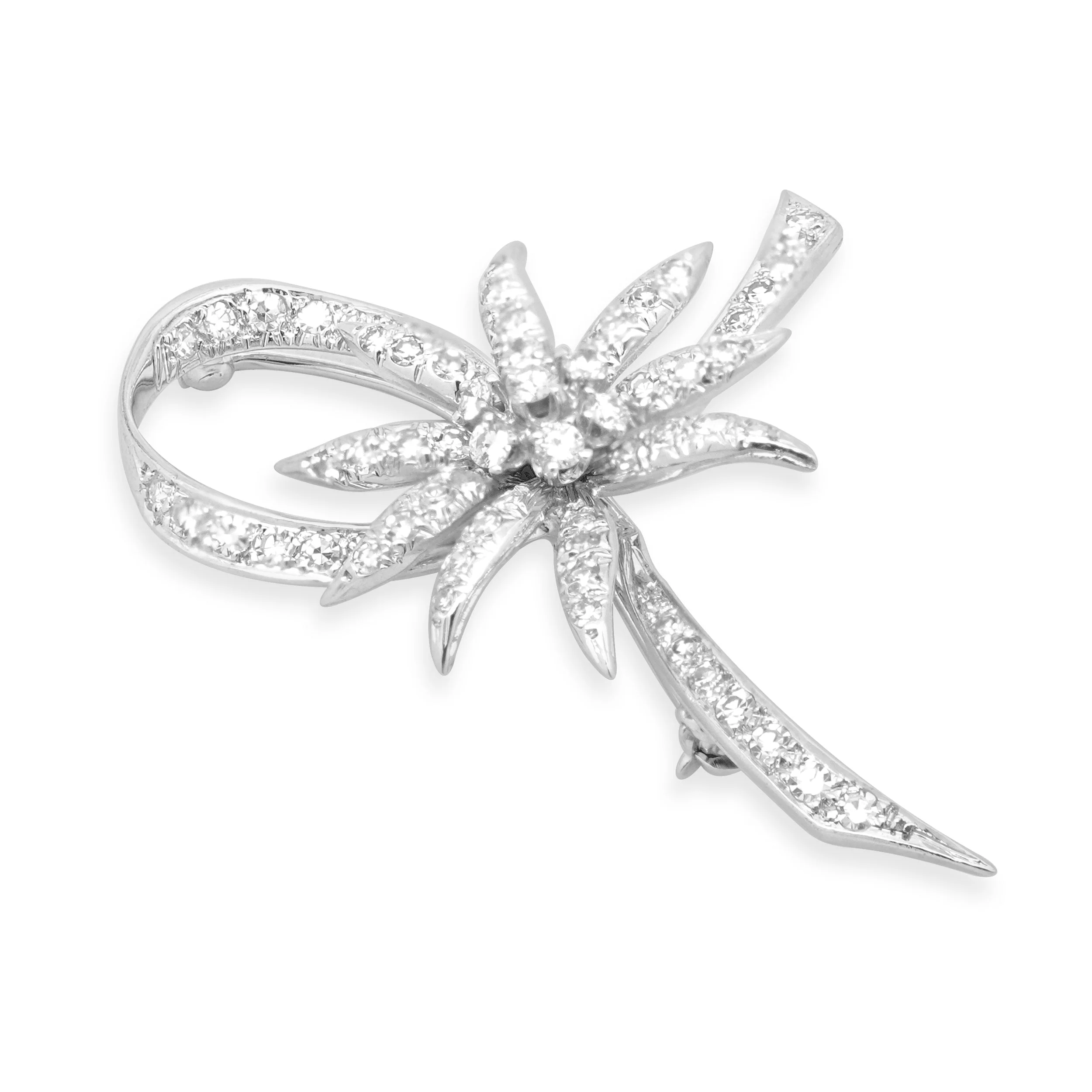 14K White Gold Round Diamond Ribbon Flower Brooch - Image 2