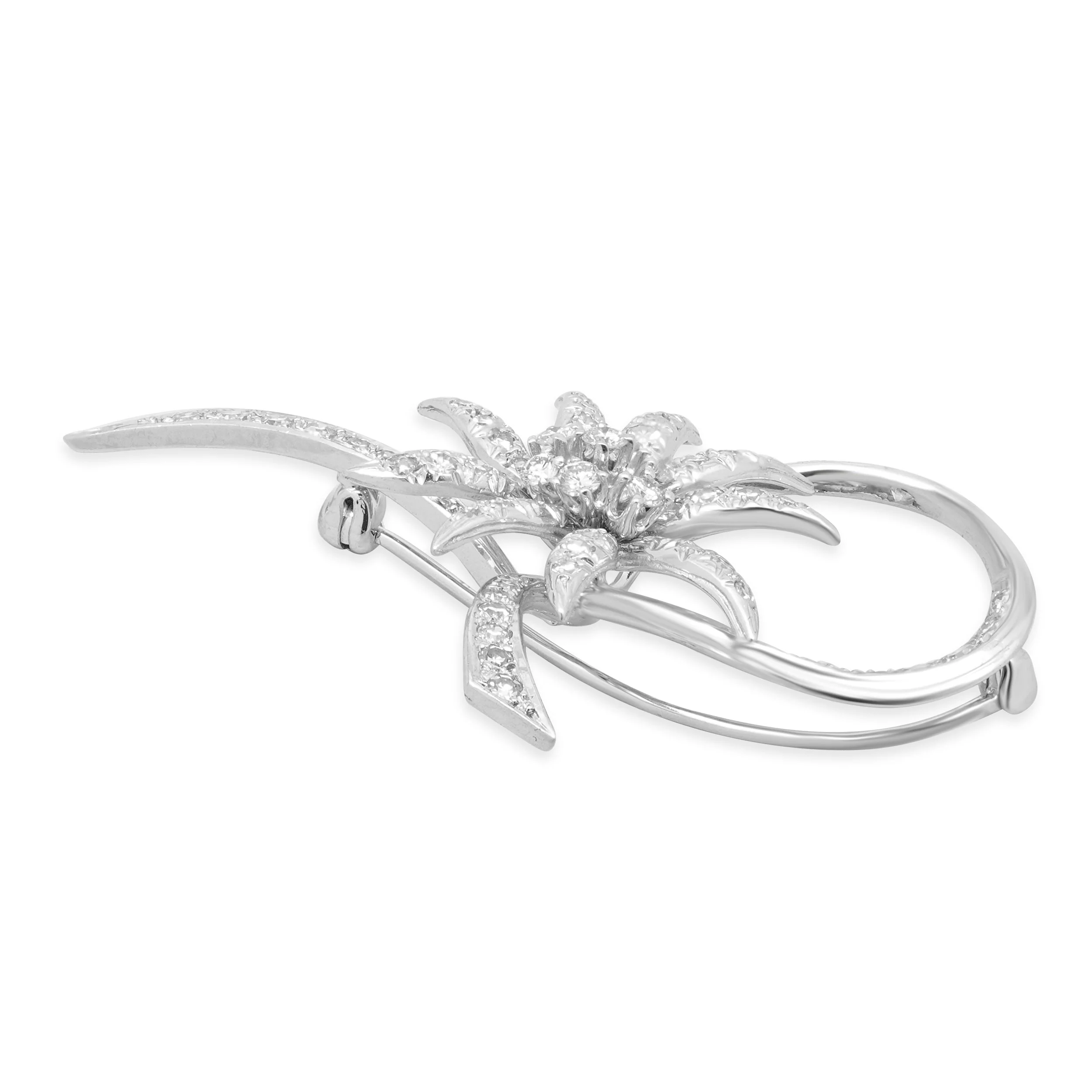 14K White Gold Round Diamond Ribbon Flower Brooch - Image 3