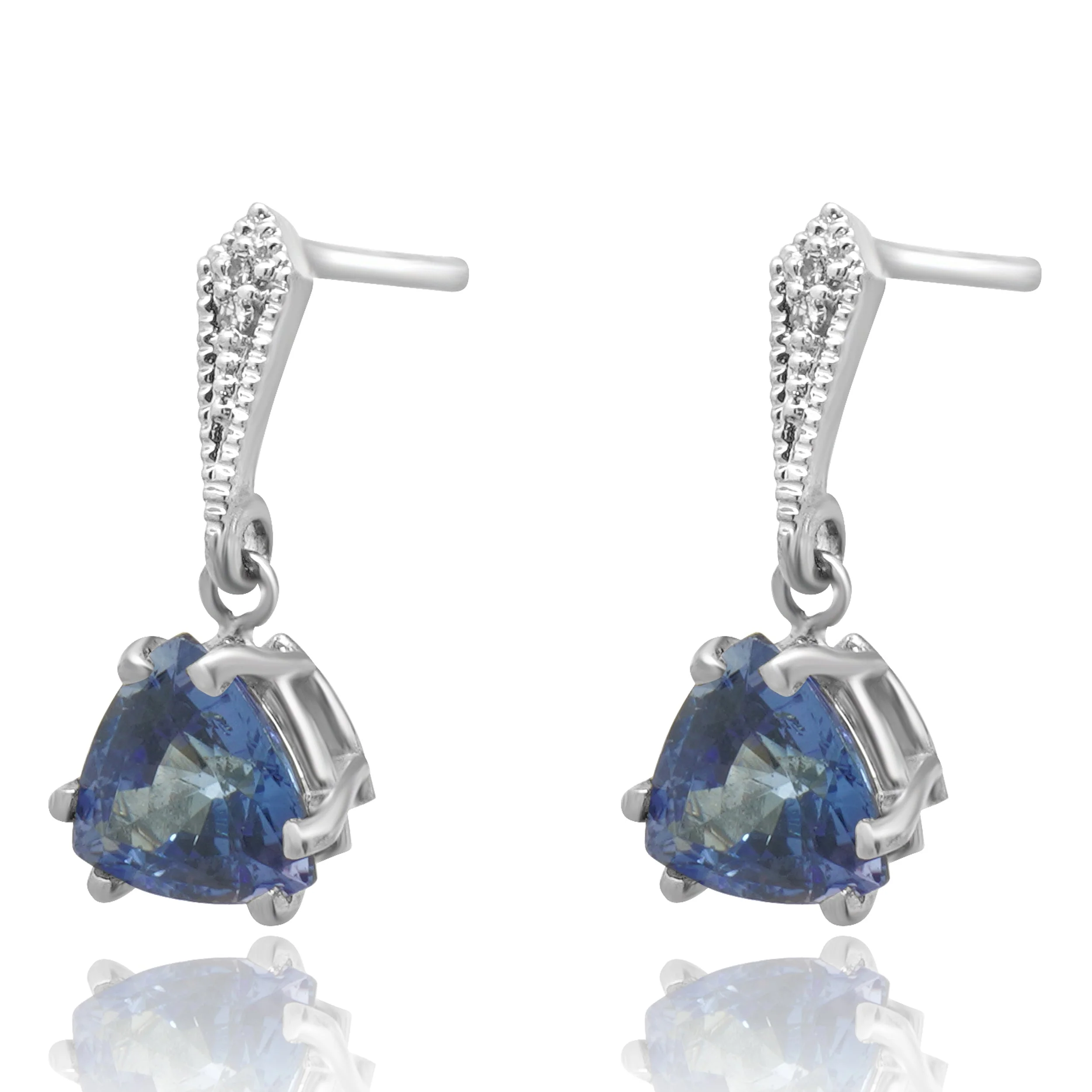14K White Gold Trillion Cut Tanzanite and Diamond Dangle Earrings - Image 2