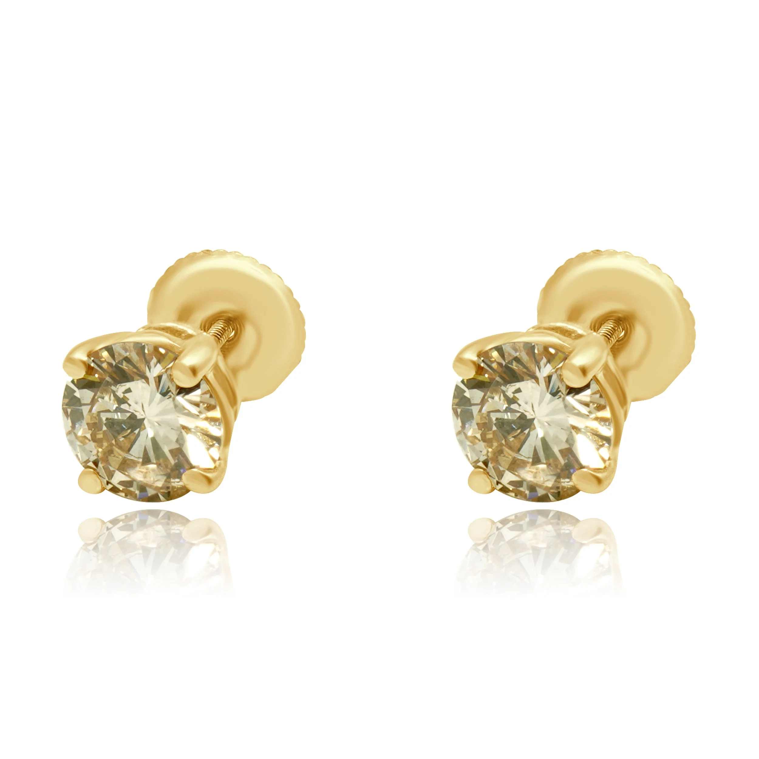 14K Yellow Gold 4-Prong Set Round Brilliant Cut Diamond Stud Earrings