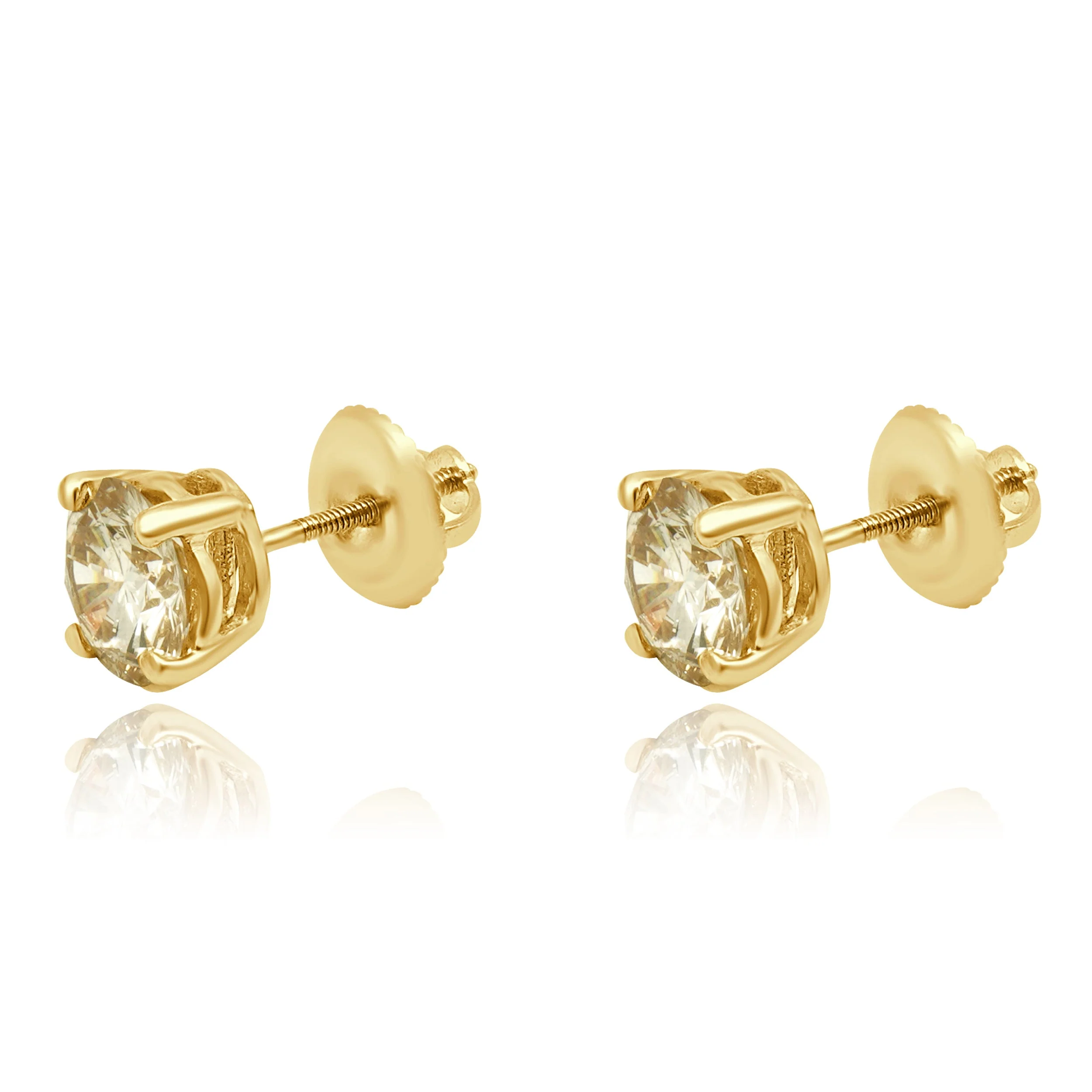 14K Yellow Gold 4-Prong Set Round Brilliant Cut Diamond Stud Earrings - Image 2