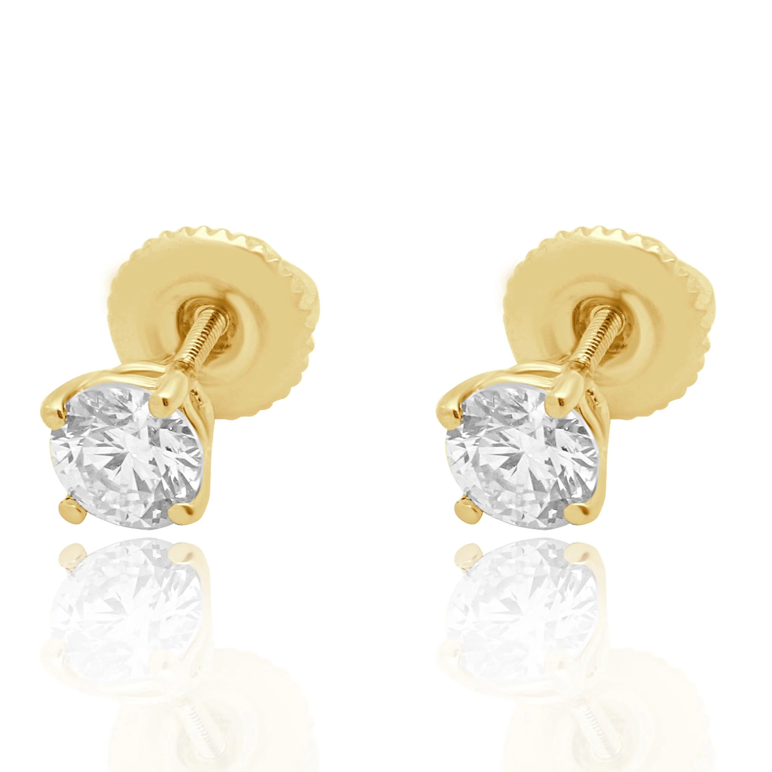 14K Yellow Gold and 4-Prong Set Round Brilliant Cut Diamond Stud Earrings
