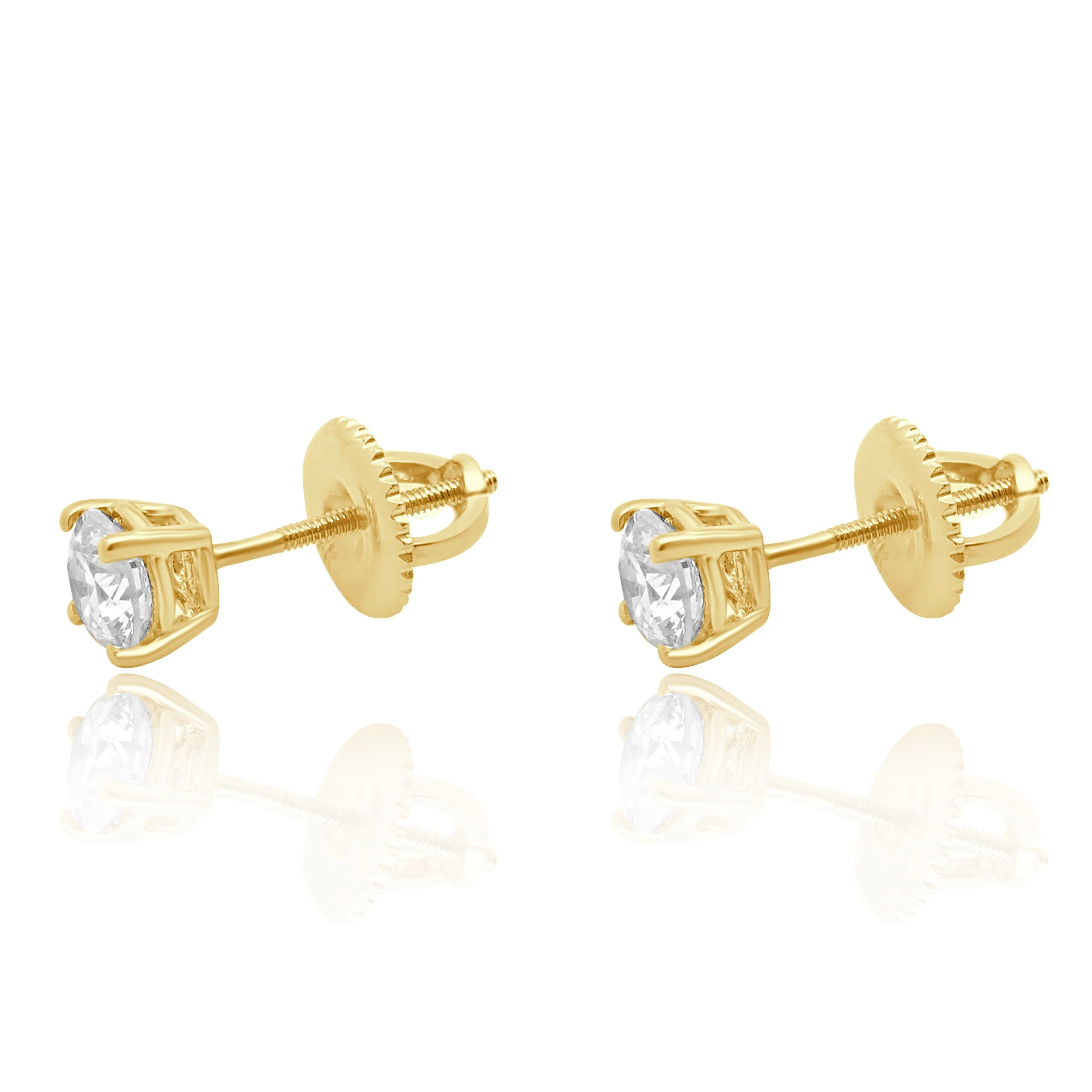 14K Yellow Gold and 4-Prong Set Round Brilliant Cut Diamond Stud Earrings - Image 2