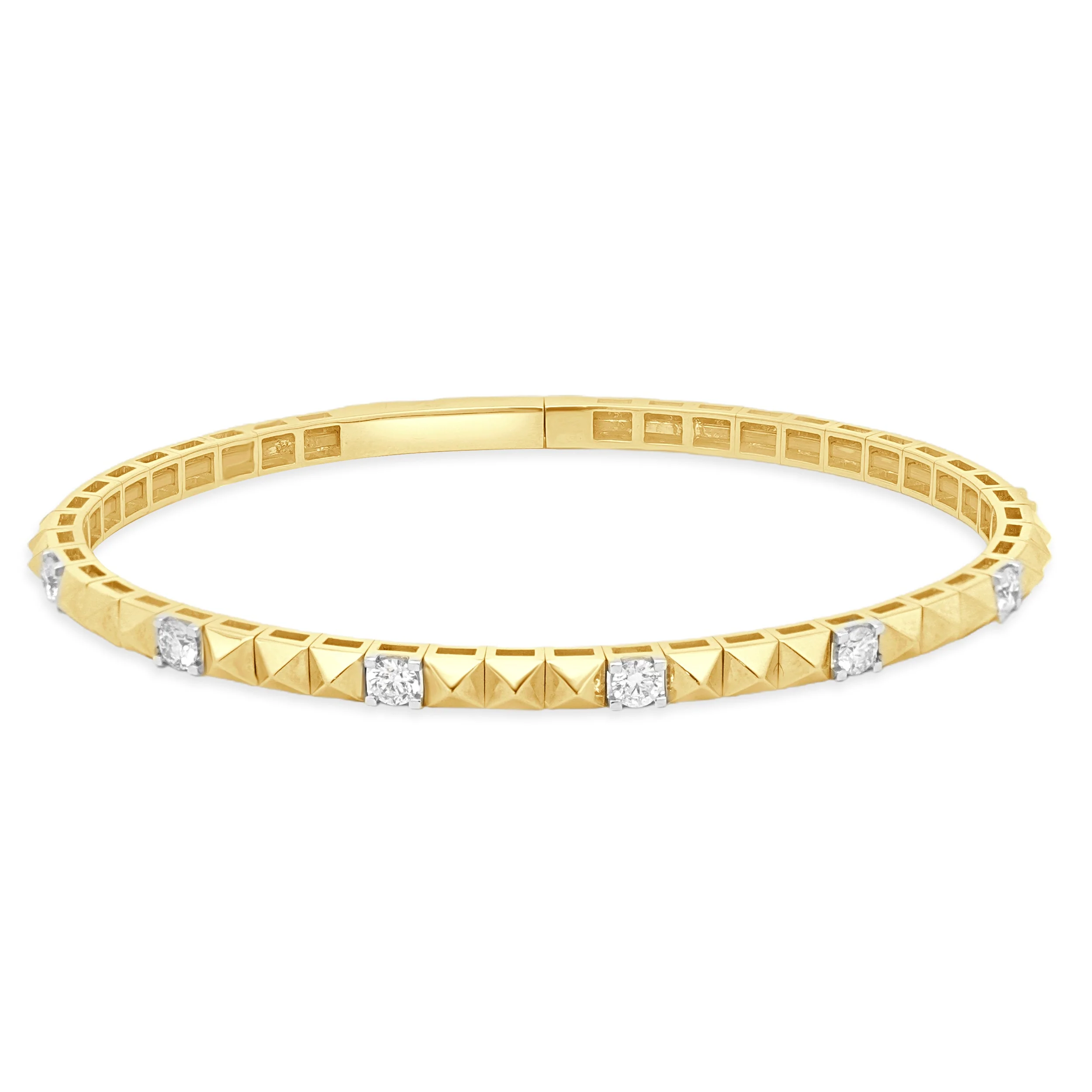 14K Yellow Gold and Prong Set Round Diamond Pyramid Flex Bangle Bracelet 6.25"