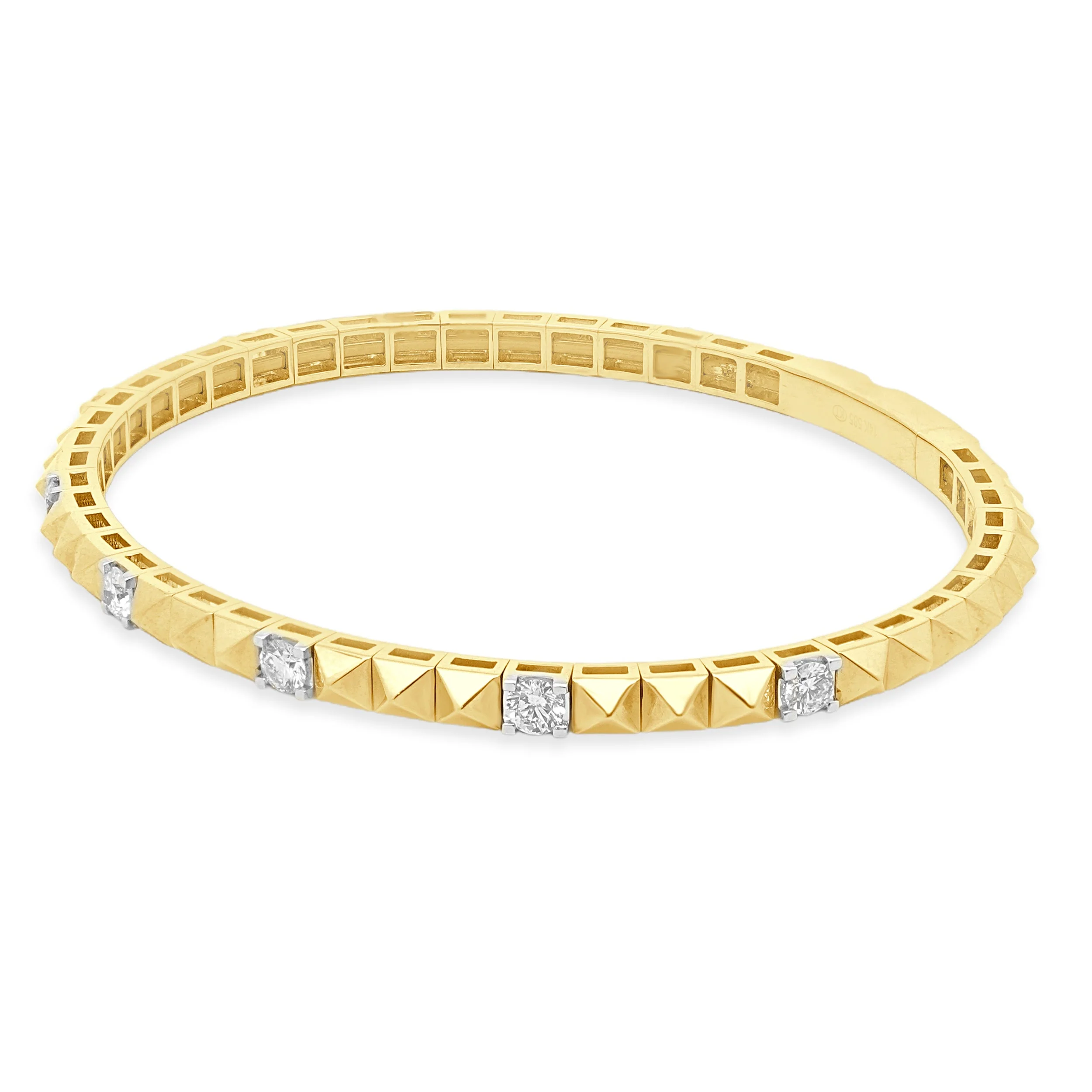 14K Yellow Gold and Prong Set Round Diamond Pyramid Flex Bangle Bracelet 6.25" - Image 2