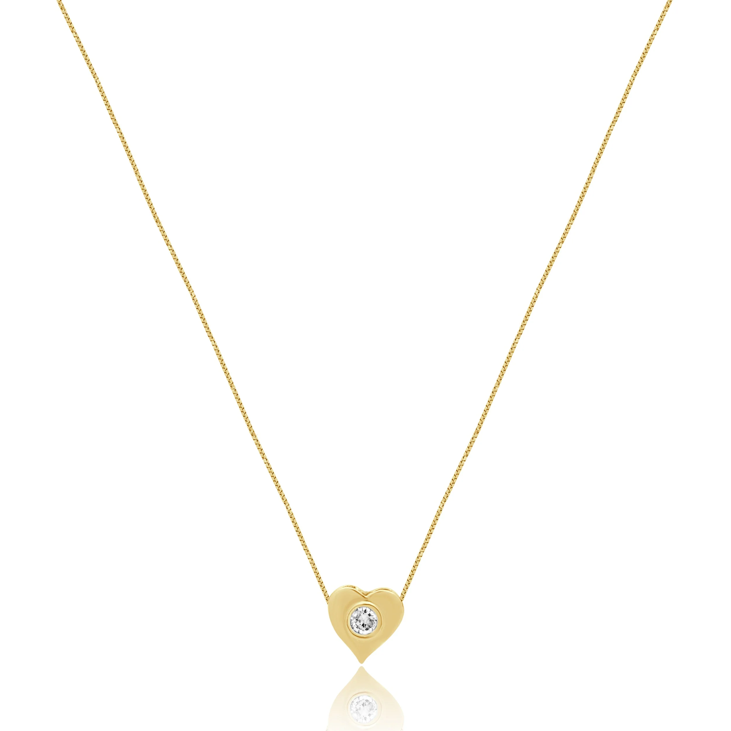 14K Yellow Gold Bezel Set Round Diamond Solitaire Heart Pendant Necklace 18.0"