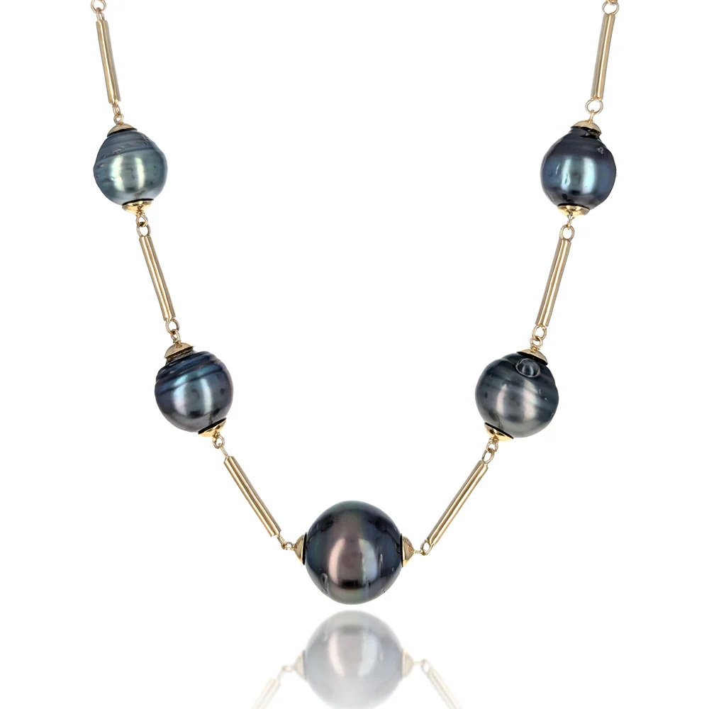 14K Yellow Gold Black Pearl Station Necklace