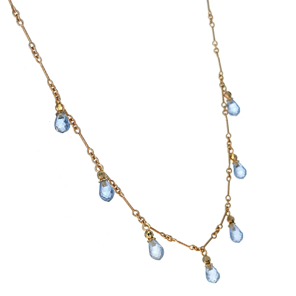 14K Yellow Gold Blue Topaz Briolette Station Necklace - Image 2