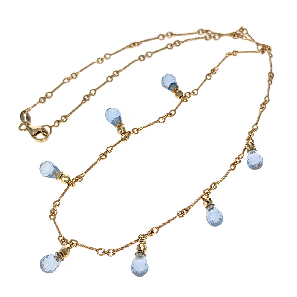 14K Yellow Gold Blue Topaz Briolette Station Necklace - Image 3