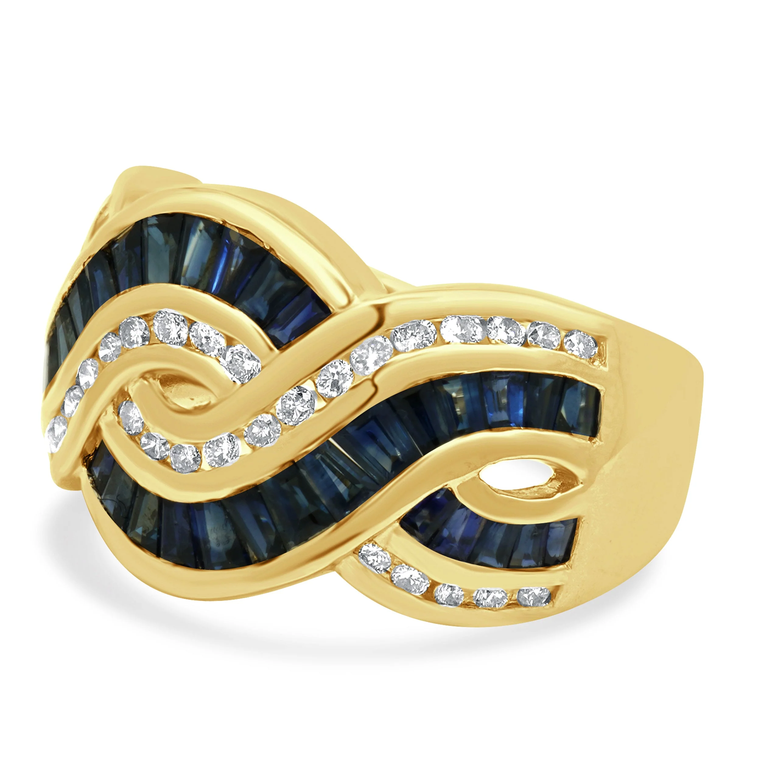 14K Yellow Gold Channel Set Blue Sapphire and Round Diamond Braided Band - Image 2