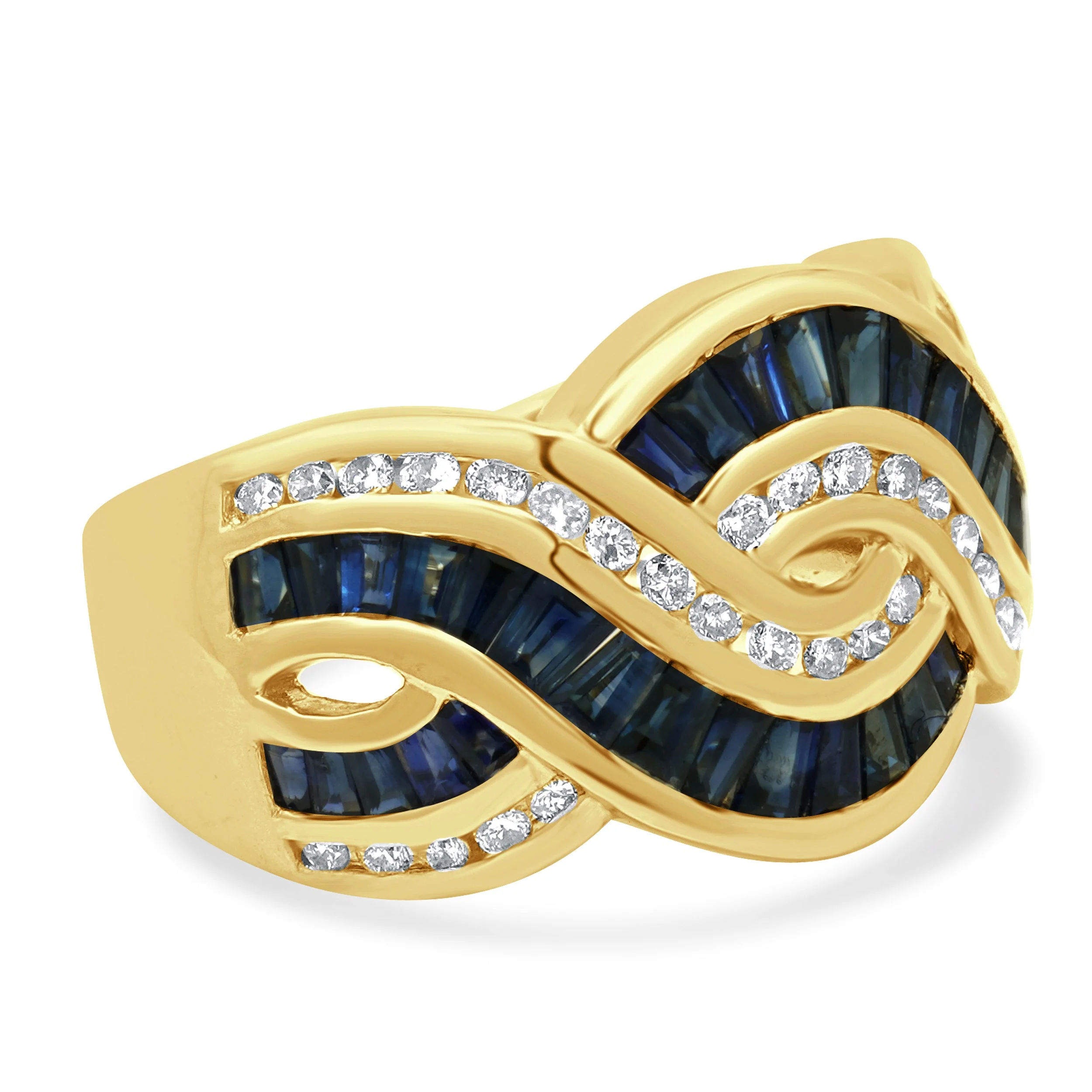 14K Yellow Gold Channel Set Blue Sapphire and Round Diamond Braided Band - Image 3