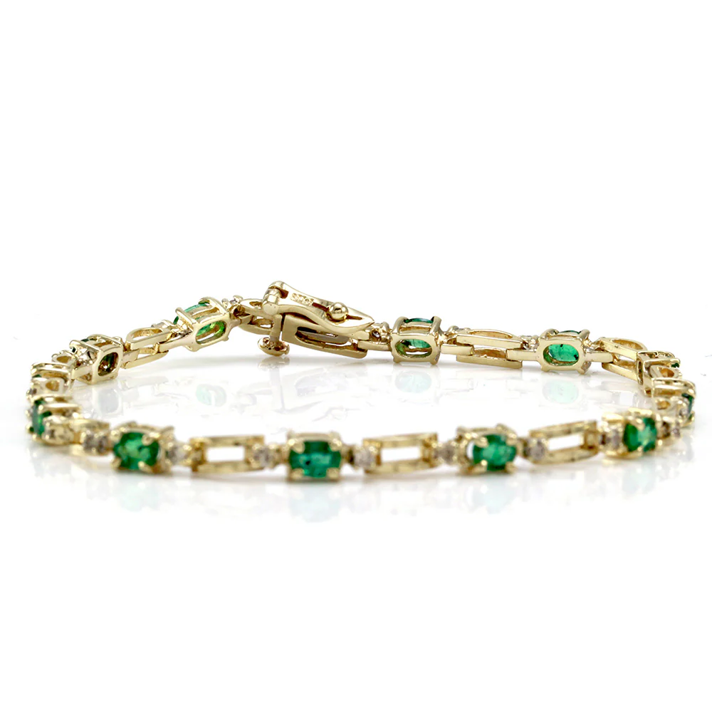 14K Yellow Gold Emerald & Diamond Link Bracelet - Image 2