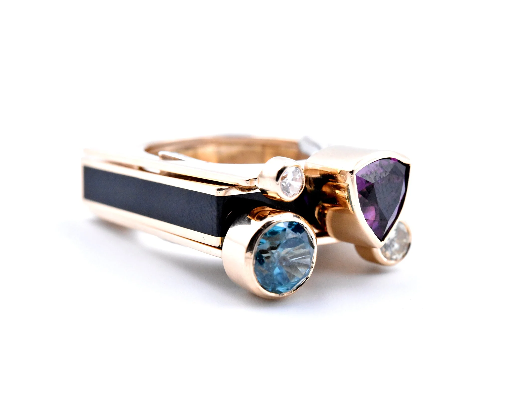 14k Yellow Gold Garnet, Zircon, Diamond, and Onyx Geometric Ring - Image 2