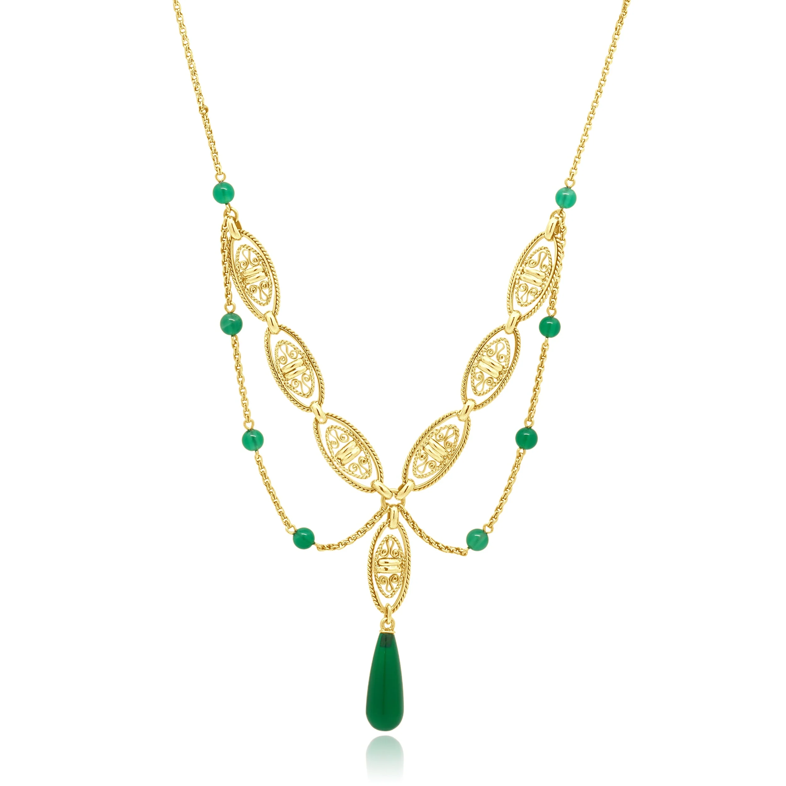 14K Yellow Gold Green Chalcedony Filigree Necklace 15.75"