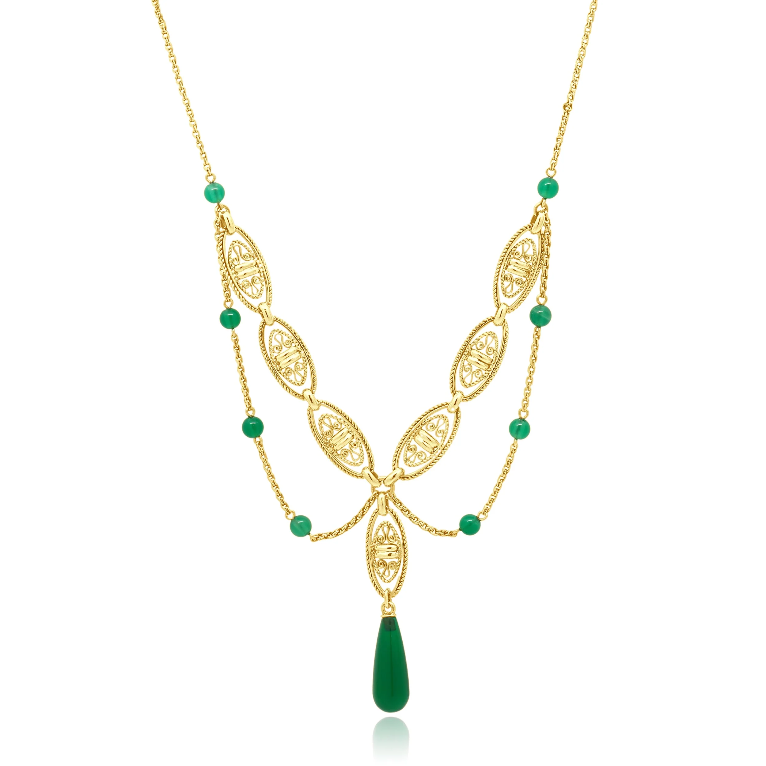 14K Yellow Gold Green Chalcedony Filigree Necklace 15.75" - Image 2
