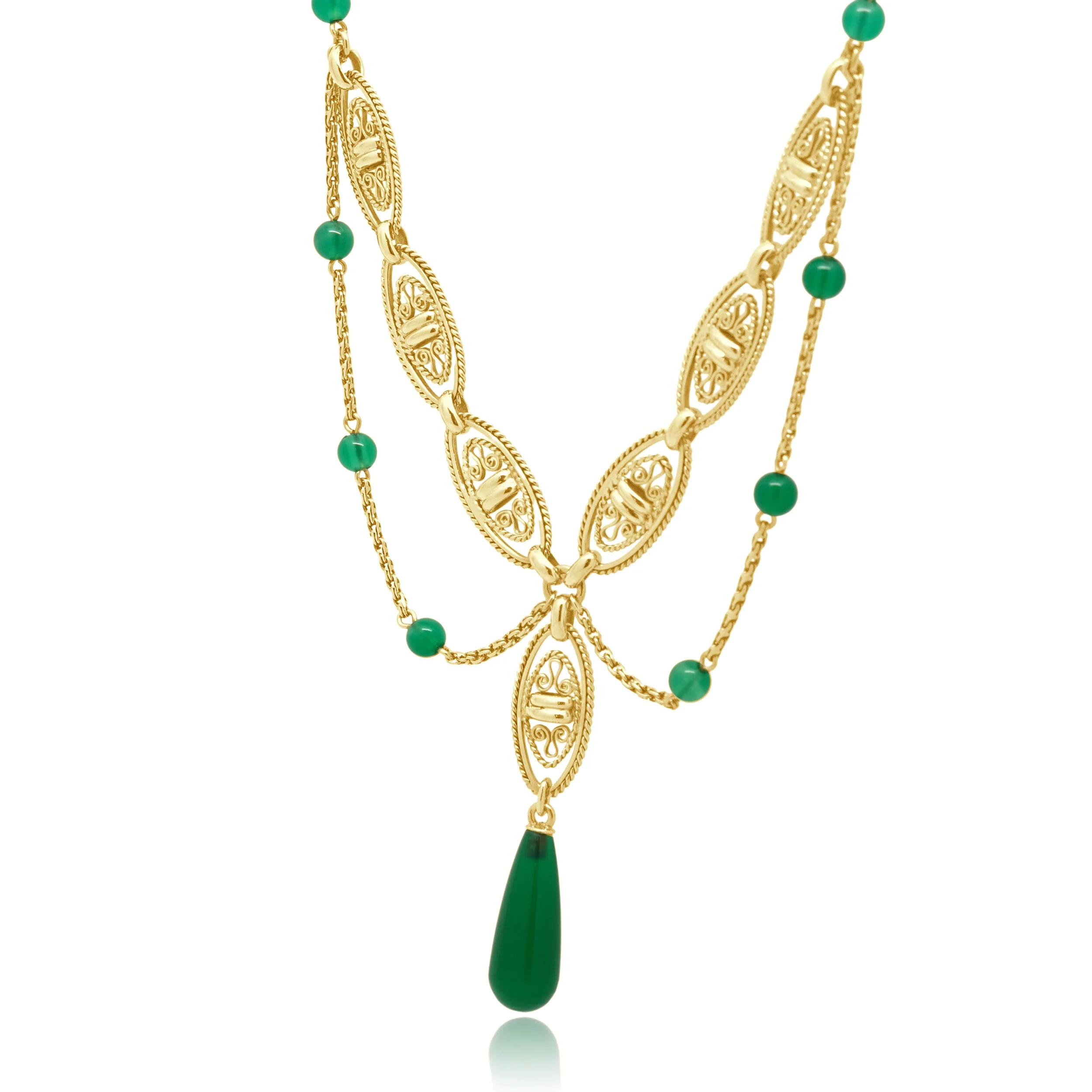 14K Yellow Gold Green Chalcedony Filigree Necklace 15.75" - Image 3