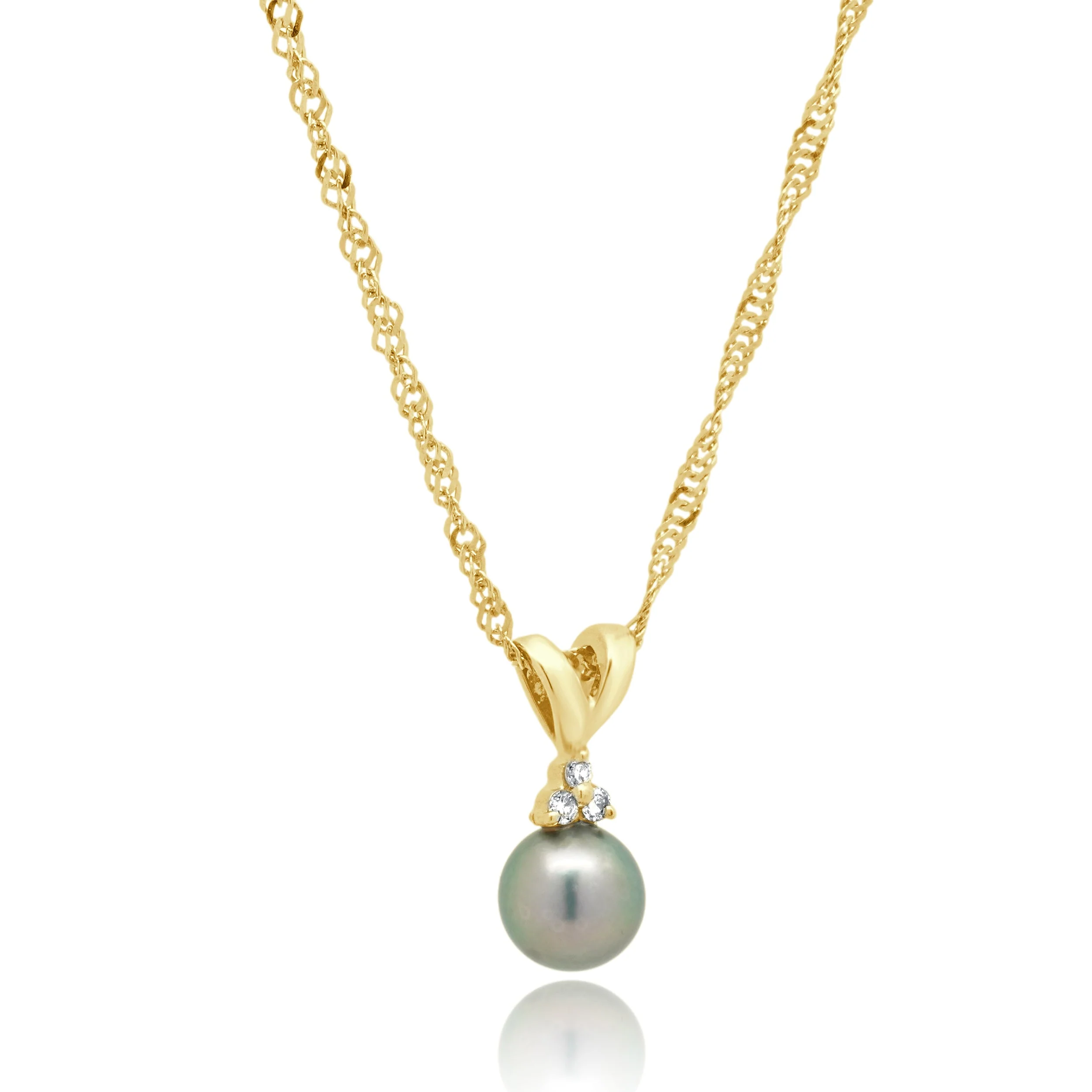 14K Yellow Gold Grey Cultured Pearl and Round Diamond Accent Pendant Necklace 18.0" - Image 3