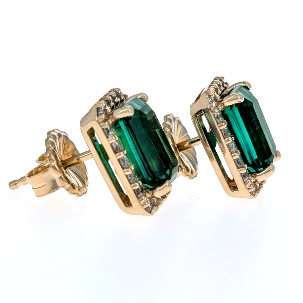 14K Yellow Gold Kelly Green Emerald and Diamond Halo Stud Earrings - Image 2