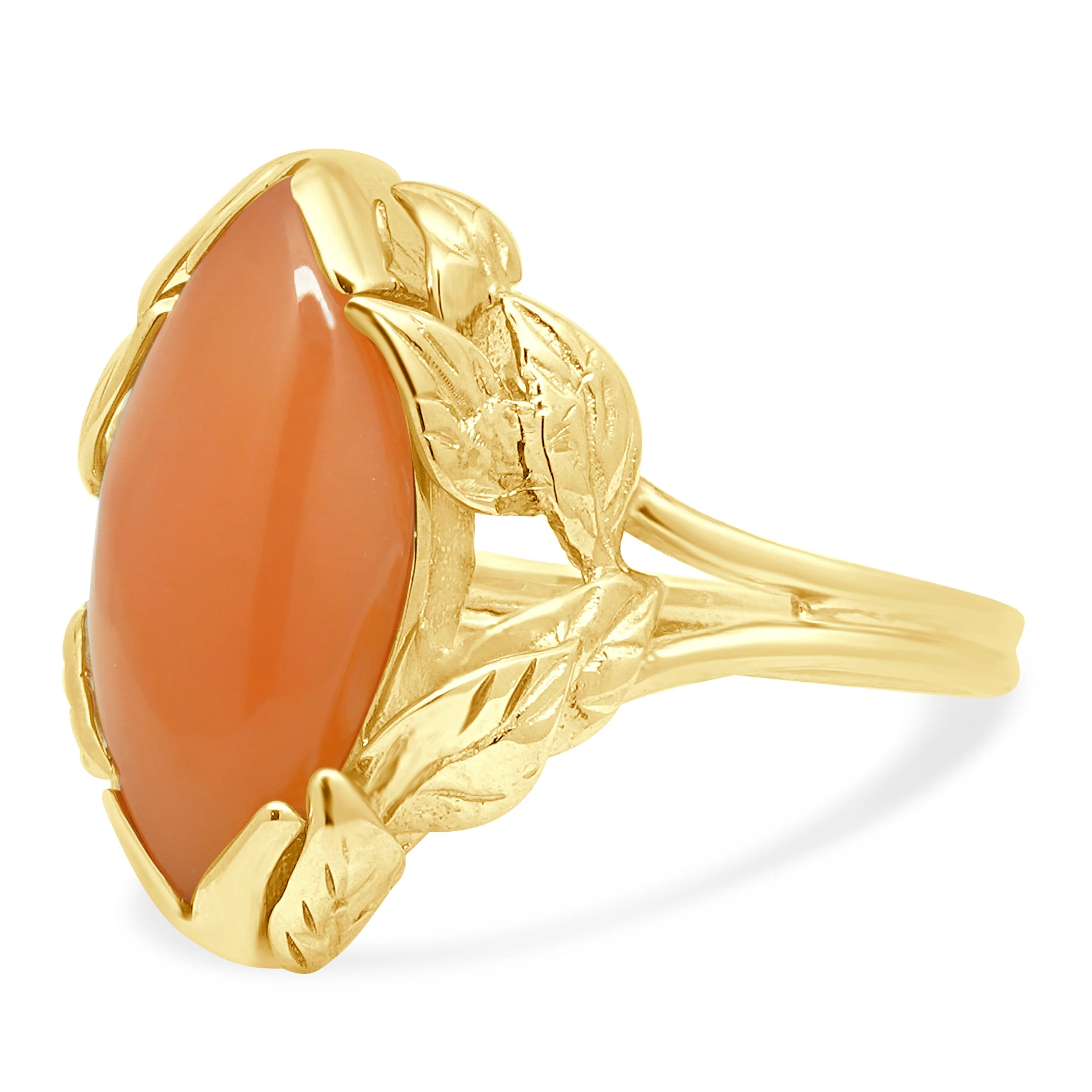 14K Yellow Gold Marquise Cabochon Cut Coral Foliate Motif Ring