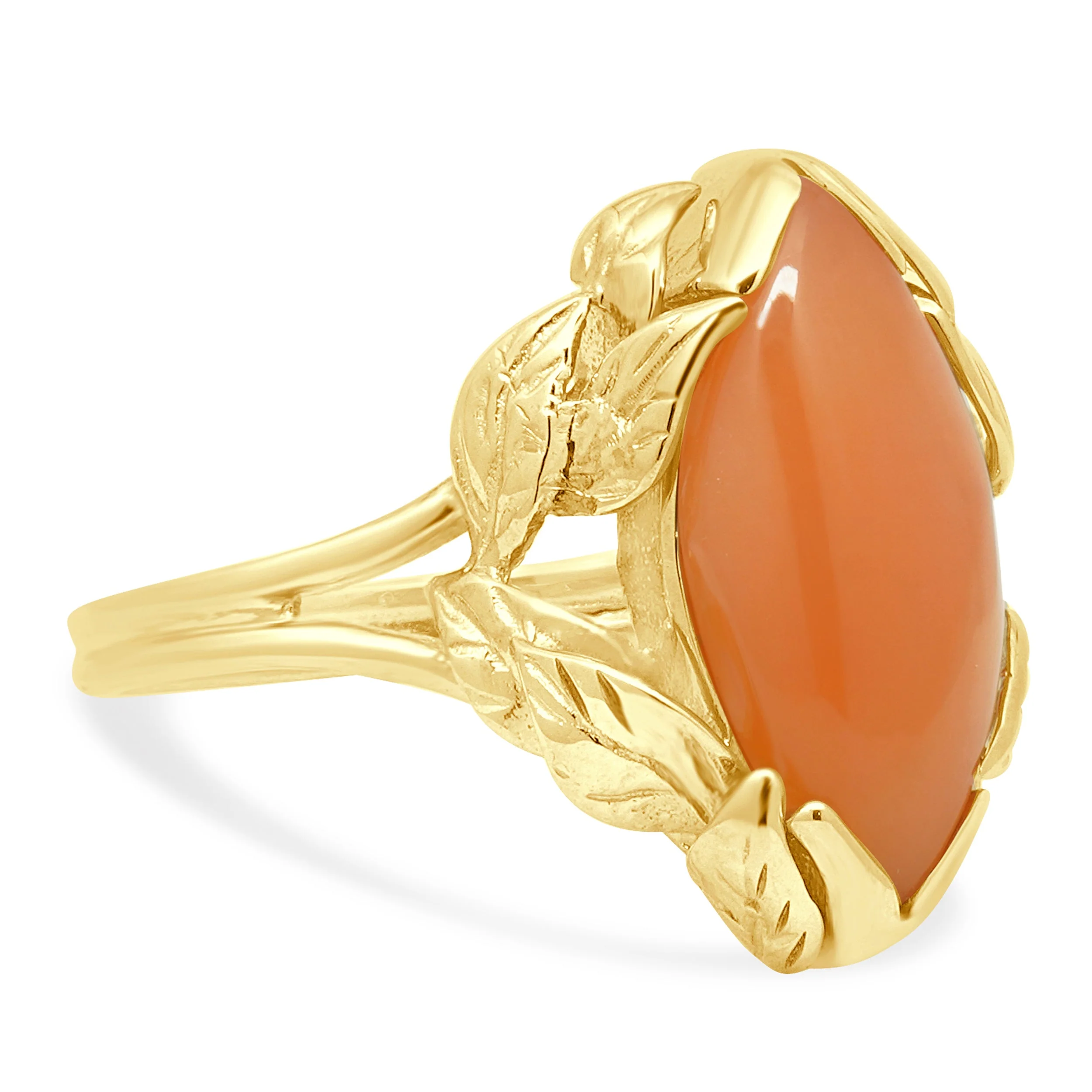 14K Yellow Gold Marquise Cabochon Cut Coral Foliate Motif Ring - Image 2