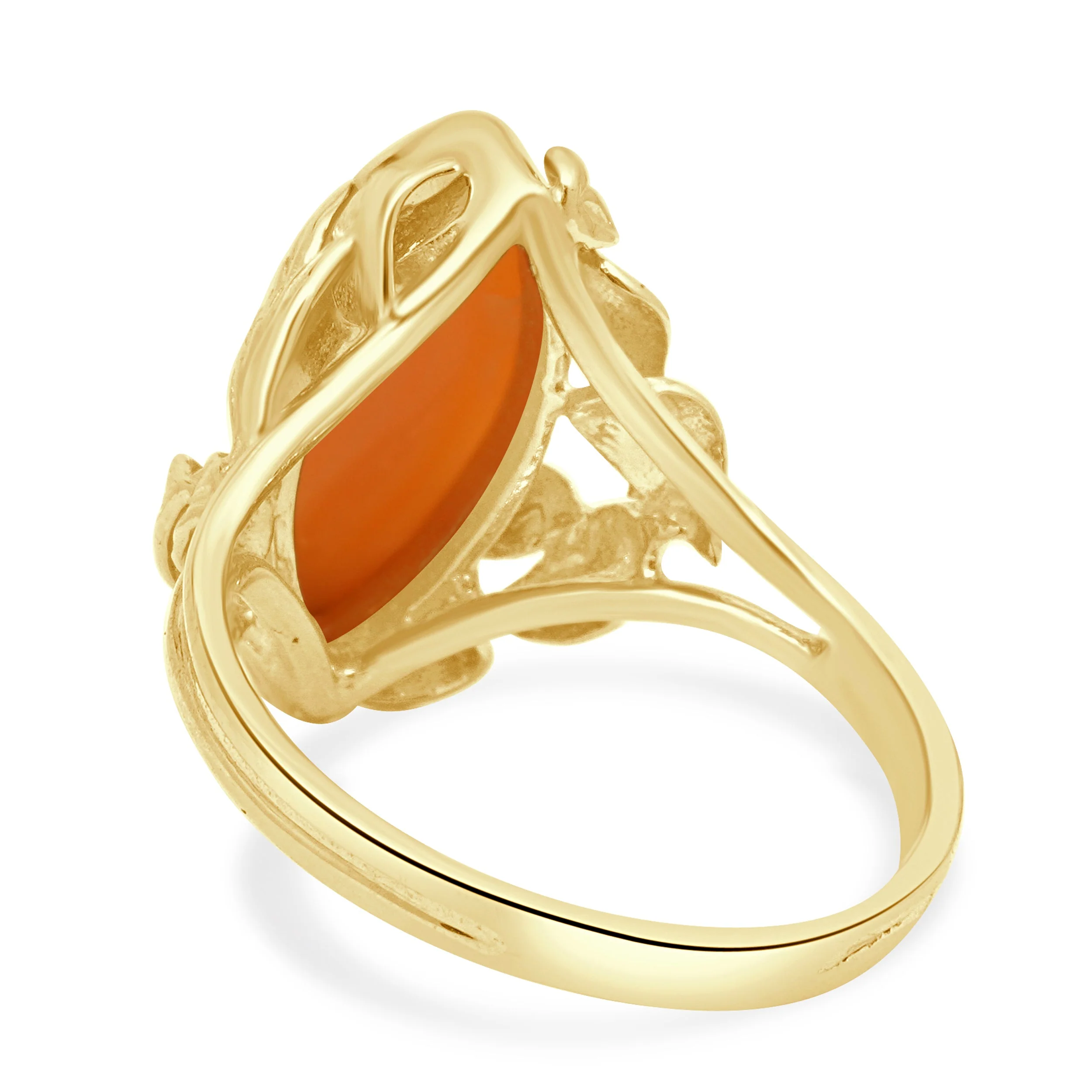 14K Yellow Gold Marquise Cabochon Cut Coral Foliate Motif Ring - Image 3