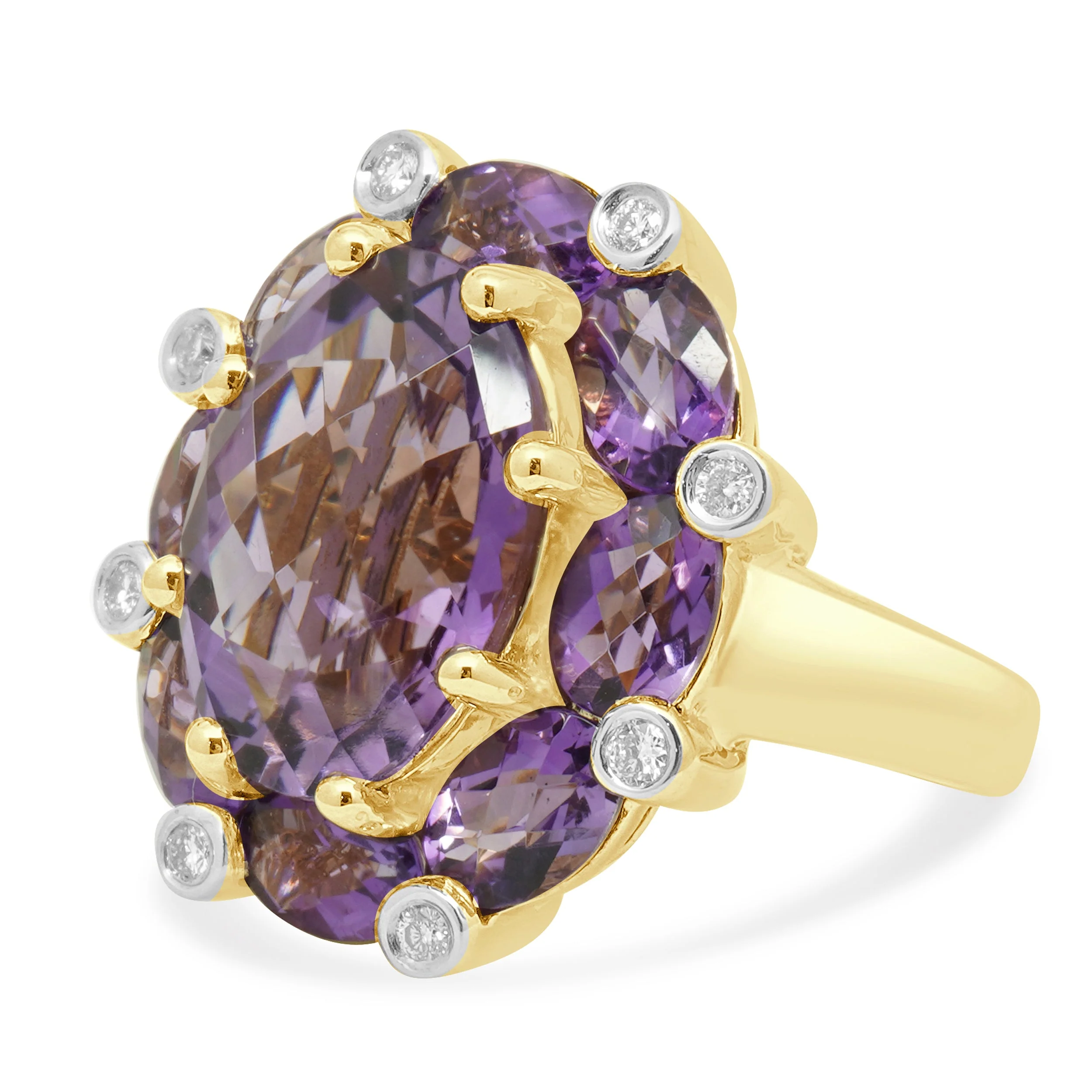 14K Yellow Gold Oval Checkerboard Cut Amethyst and Round Diamond Ring - Image 2